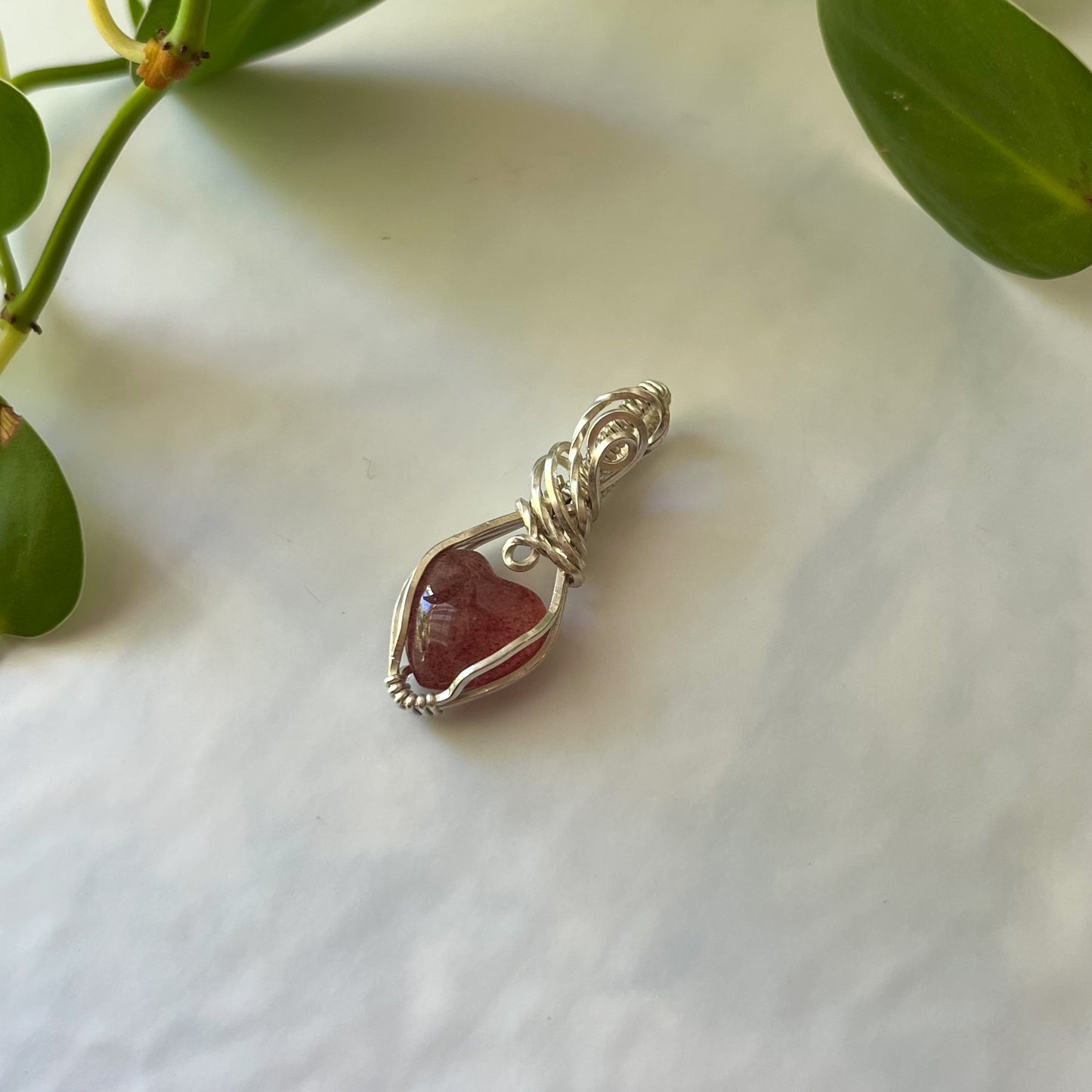 Strawberry Quartz Heart Wrapped Sterling Silver Pendant