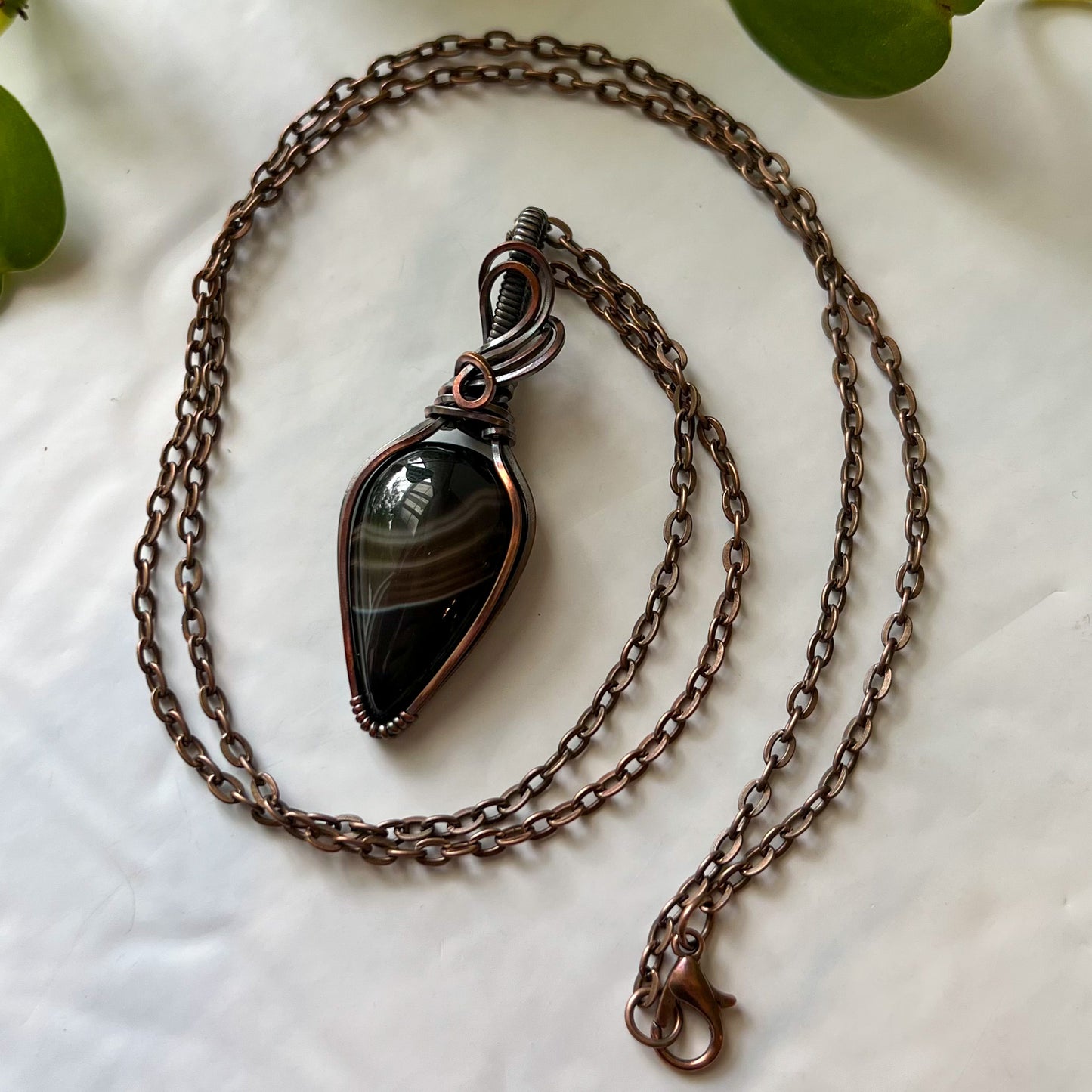 Black Agate Antiqued Copper Wrapped Pendant With Chain
