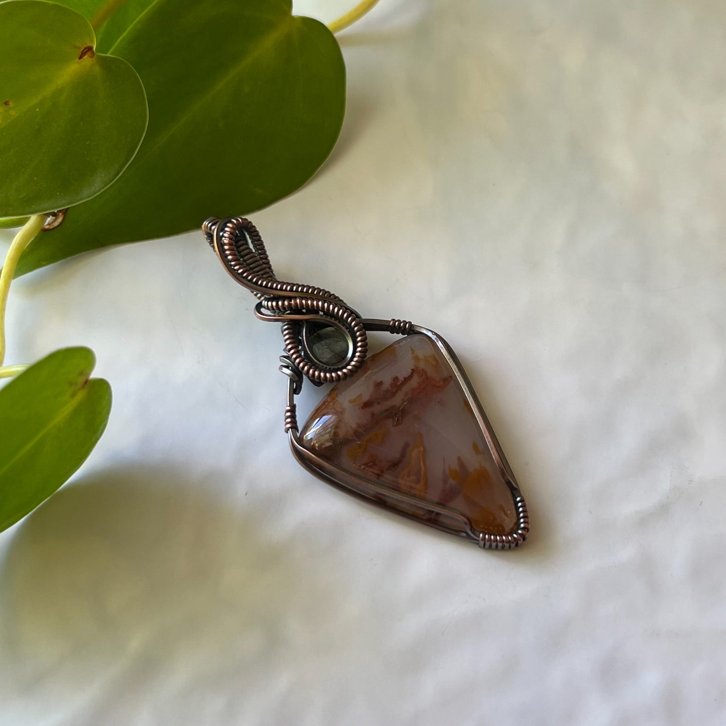 Plume Agate & Labradorite Wrapped Antiqued Copper Pendant