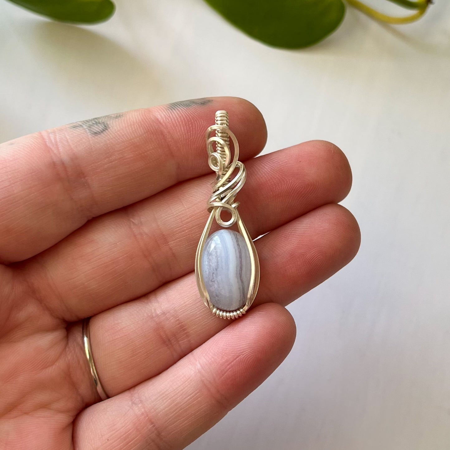 Blue Lace Agate Sterling Silver Wrapped Pendant