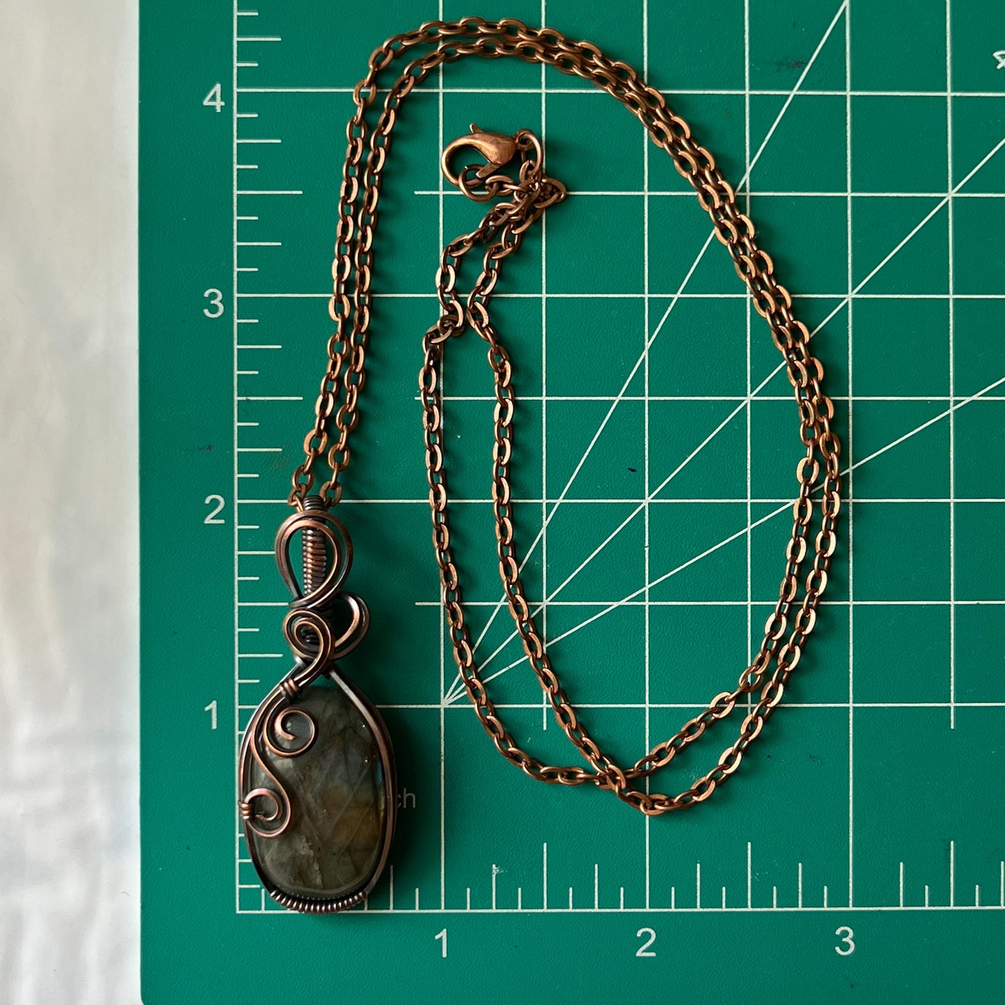 Labradorite Swirl Design Antiqued Copper Wrapped Pendant With Chain