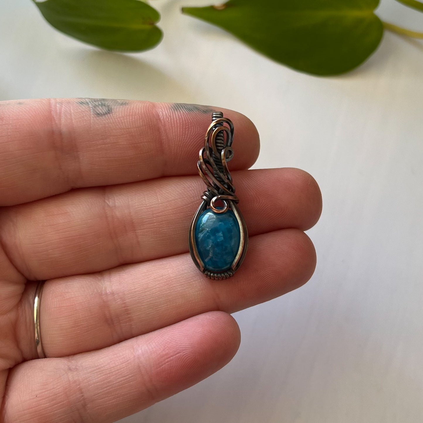 Blue Apatite Copper Wrapped Pendant
