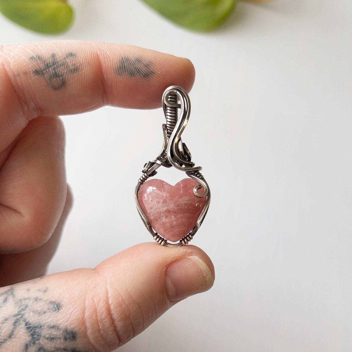 Rhodochrosite Heart Sterling Silver Wrapped Pendant