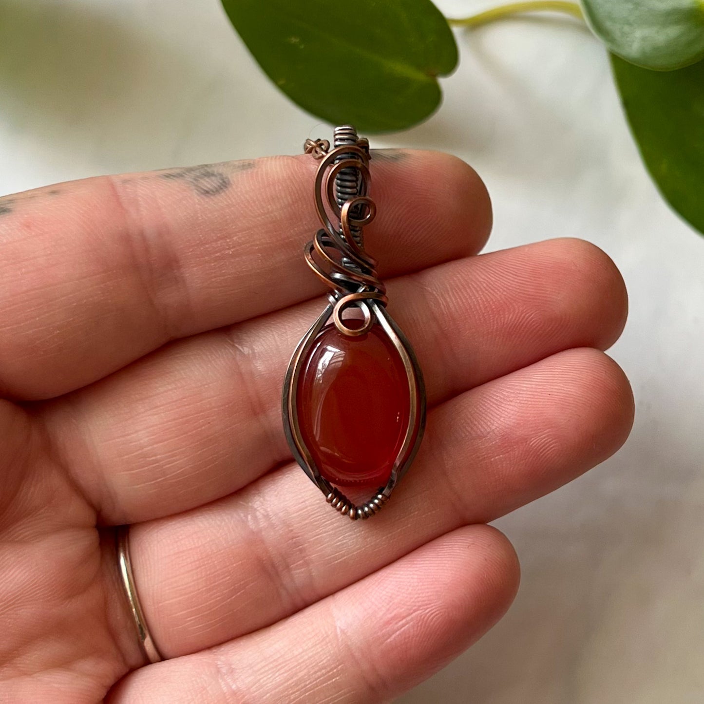 Carnelian Antiqued Copper Wrapped Pendant With Chain