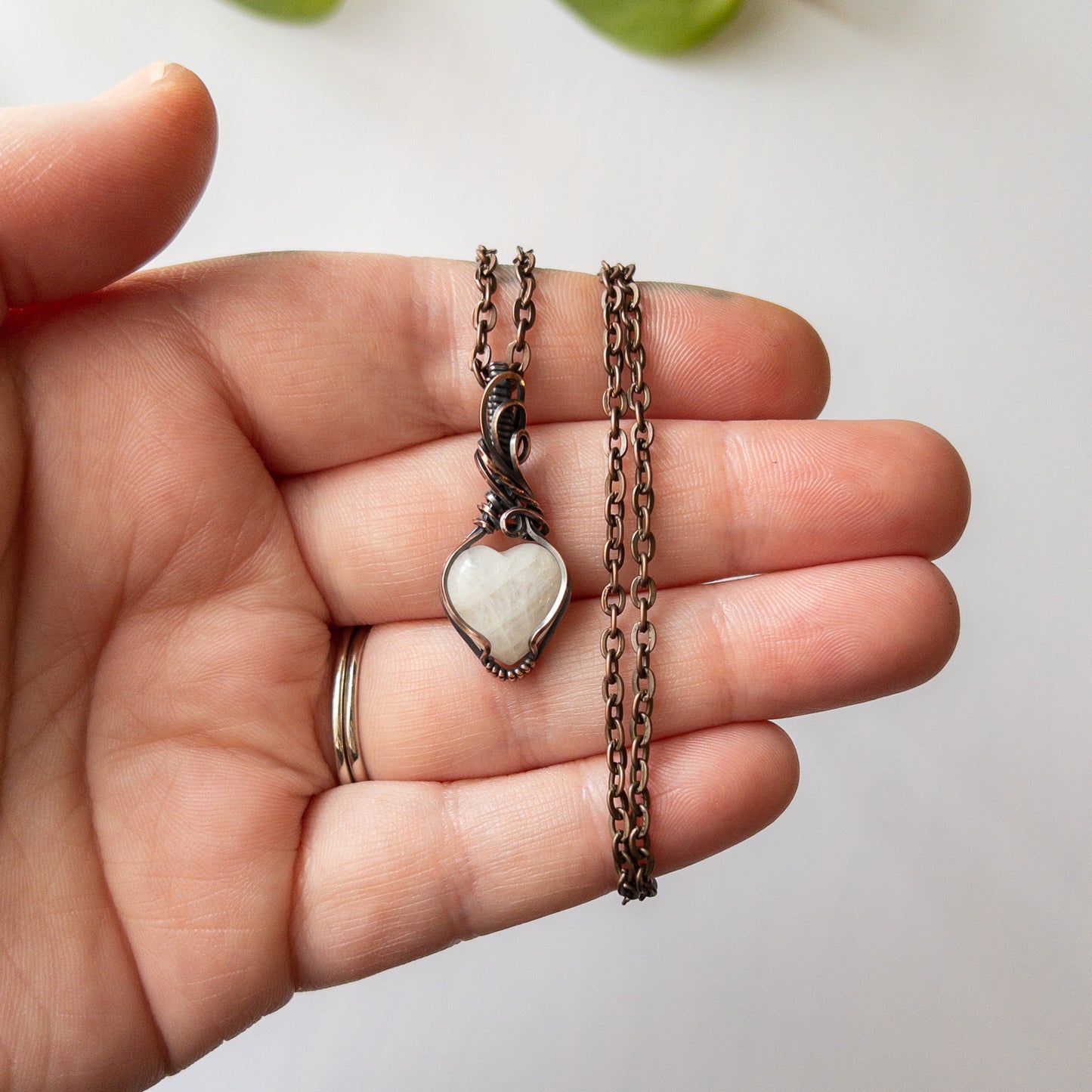Moonstone Heart Copper Wrapped Pendant