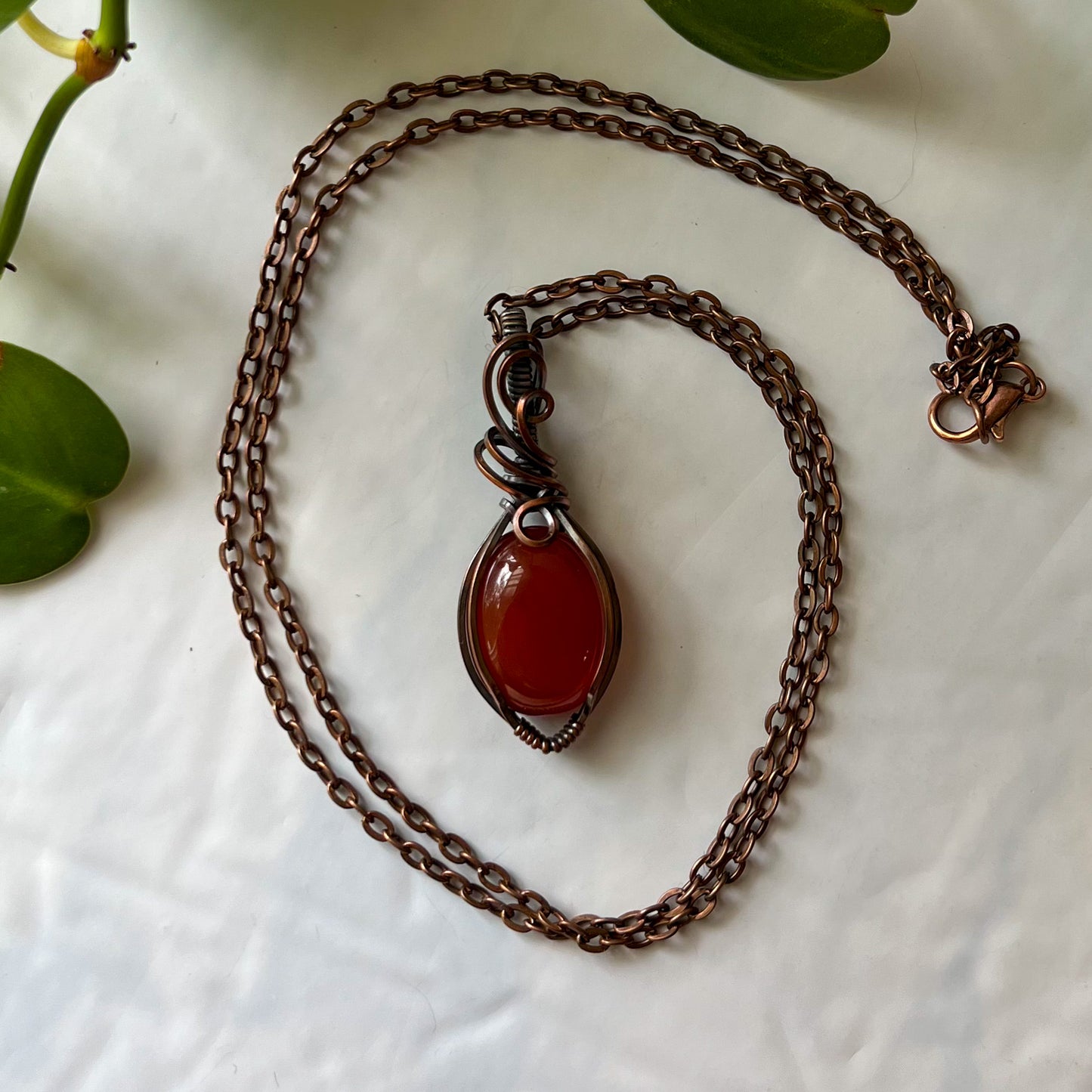 Carnelian Antiqued Copper Wrapped Pendant With Chain
