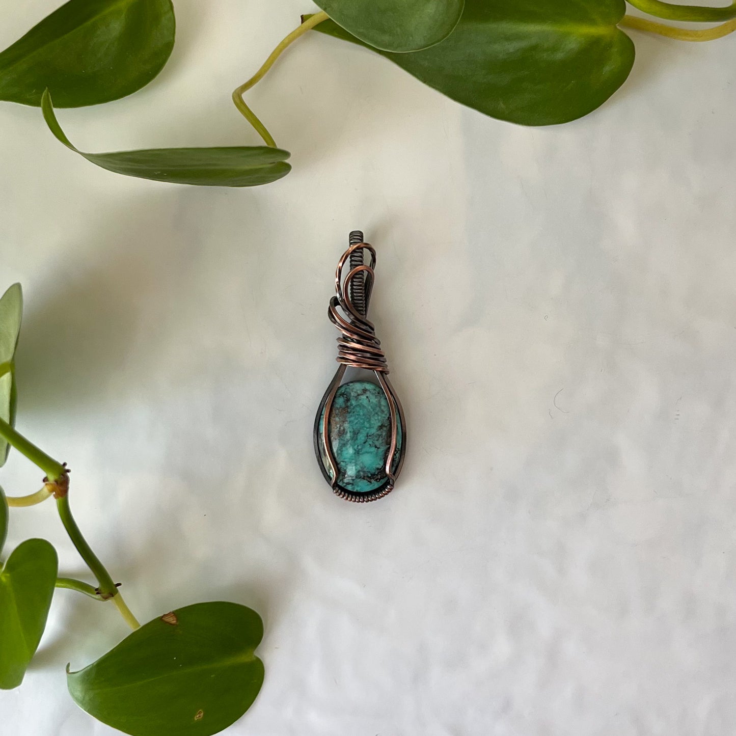 Turquoise Wrapped Antiqued Copper Pendant