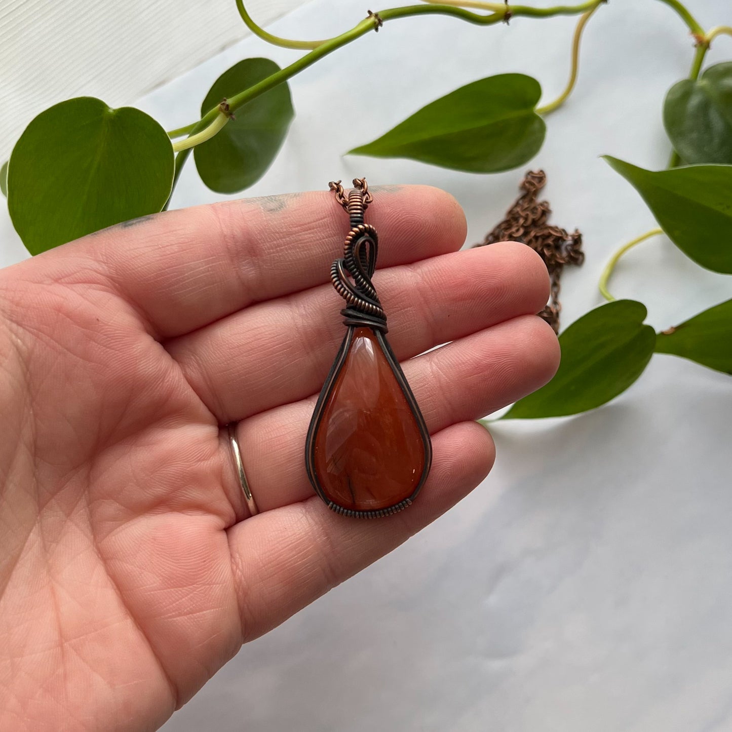 Orange Aventurine Copper Wire Wrapped Pendant