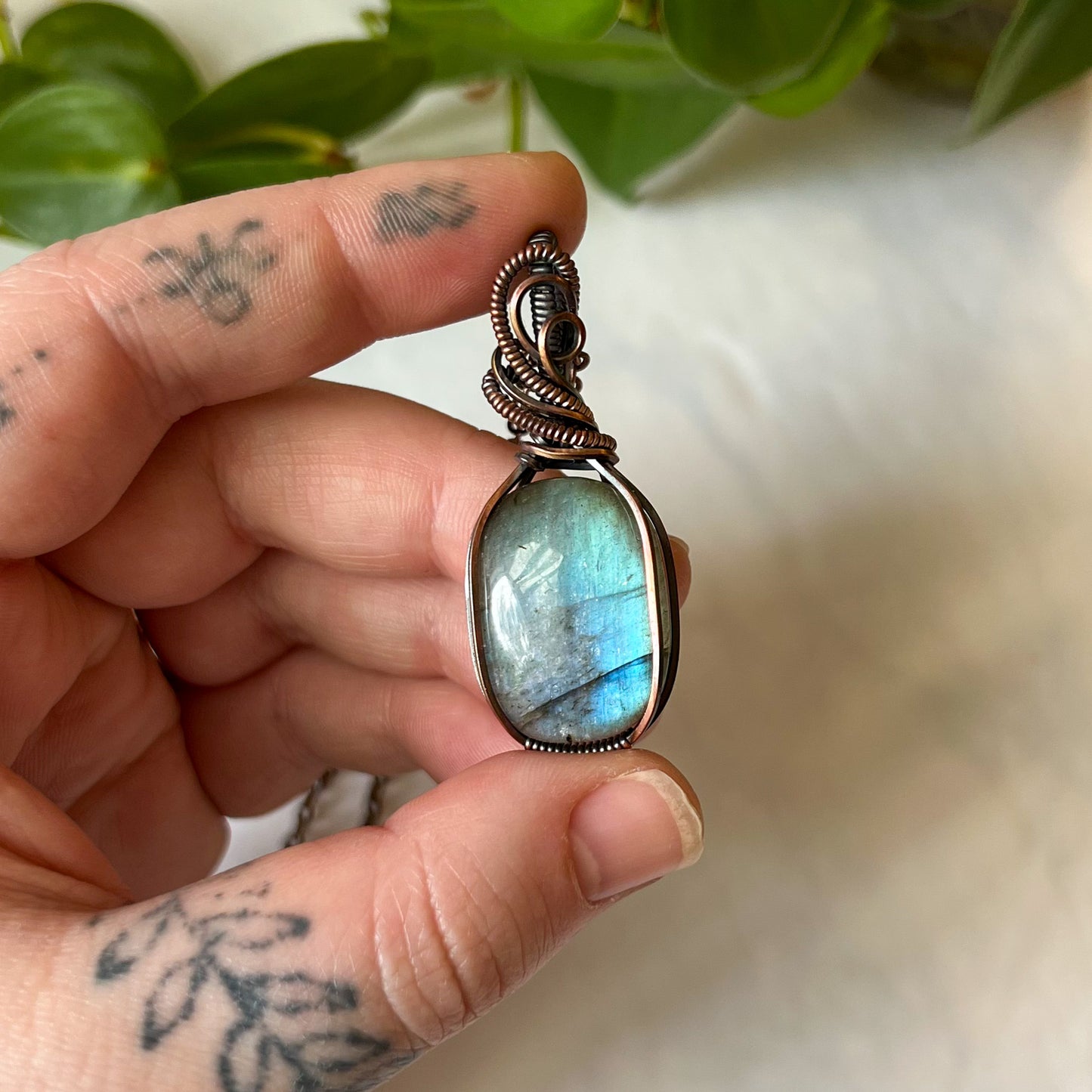 Labradorite Antiqued Copper Wrapped Pendant With Chain