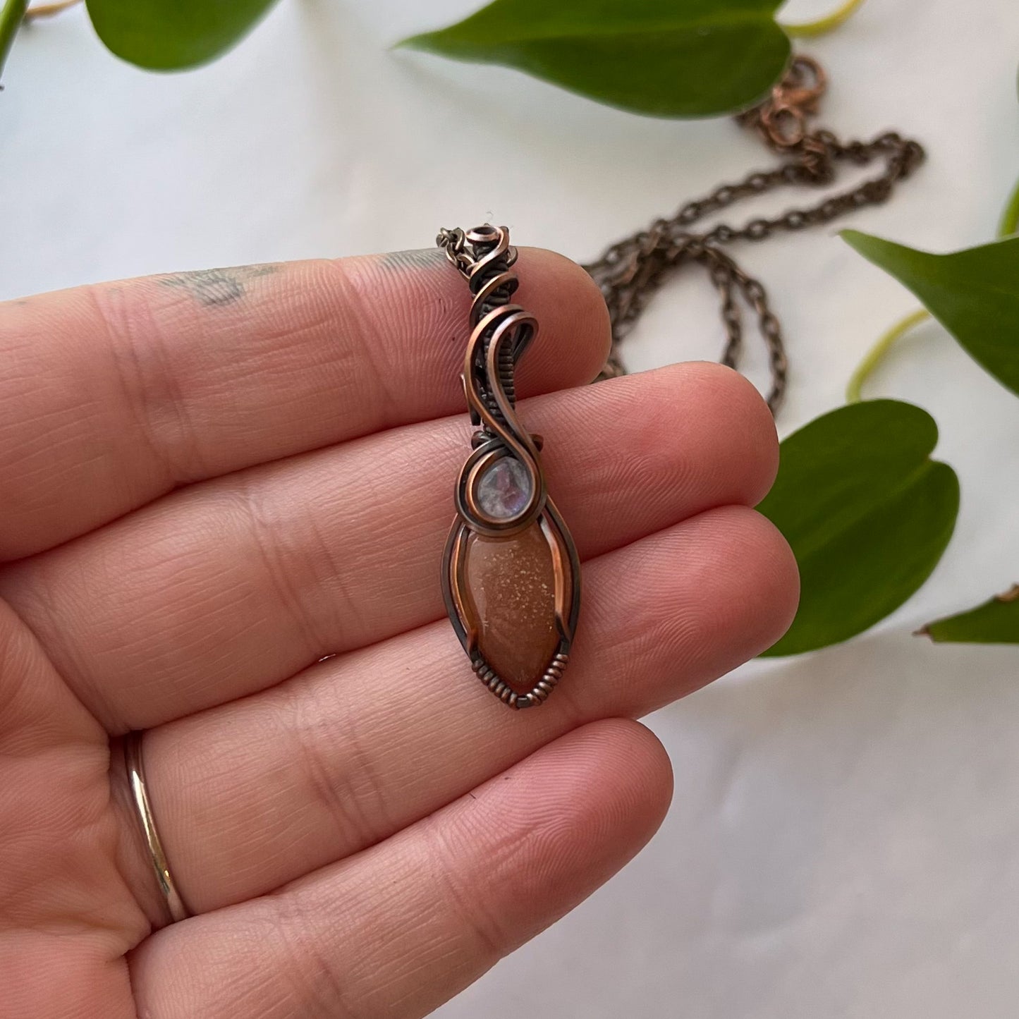 Moonstone & Sunstone Antiqued Copper Wrapped Pendant