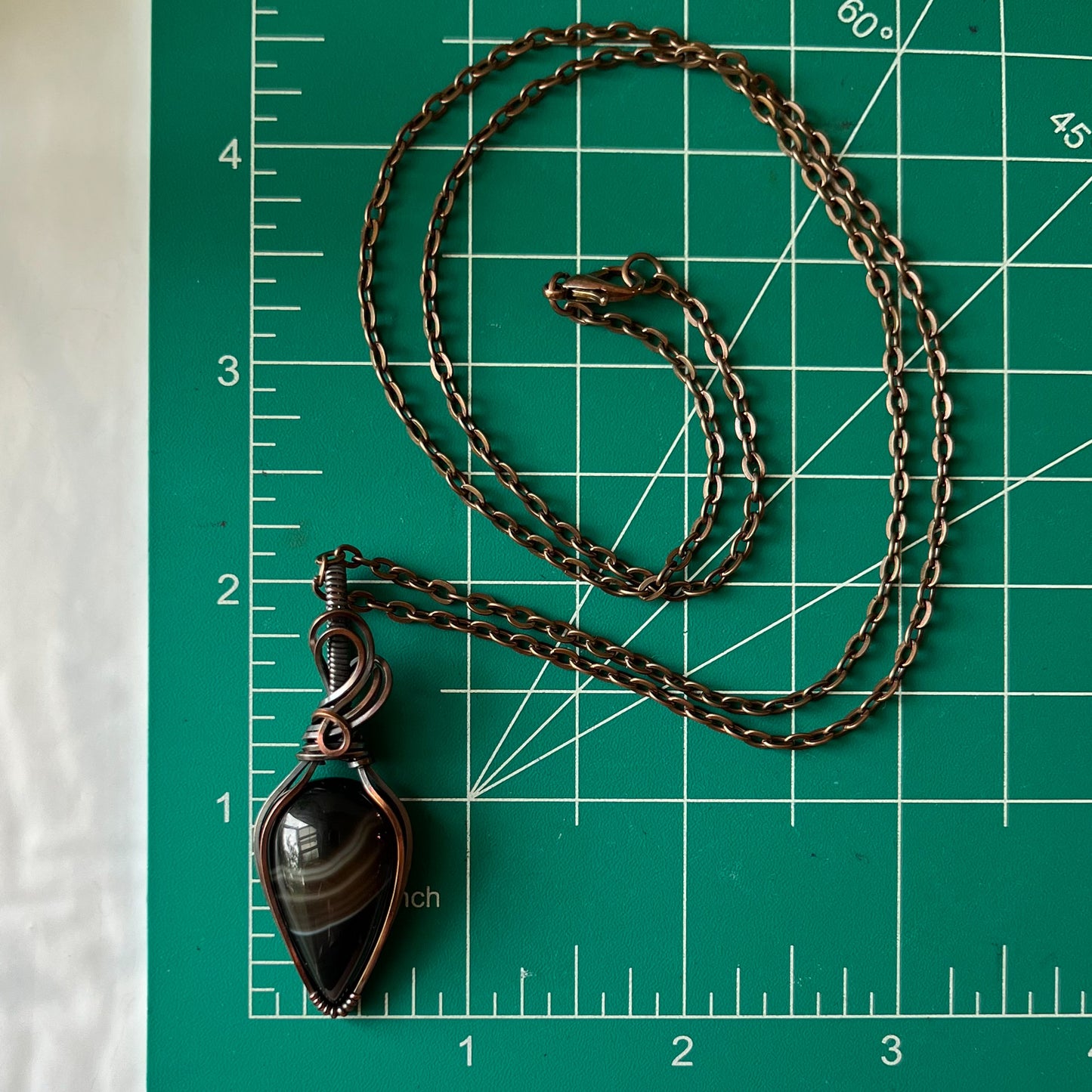 Black Agate Antiqued Copper Wrapped Pendant With Chain