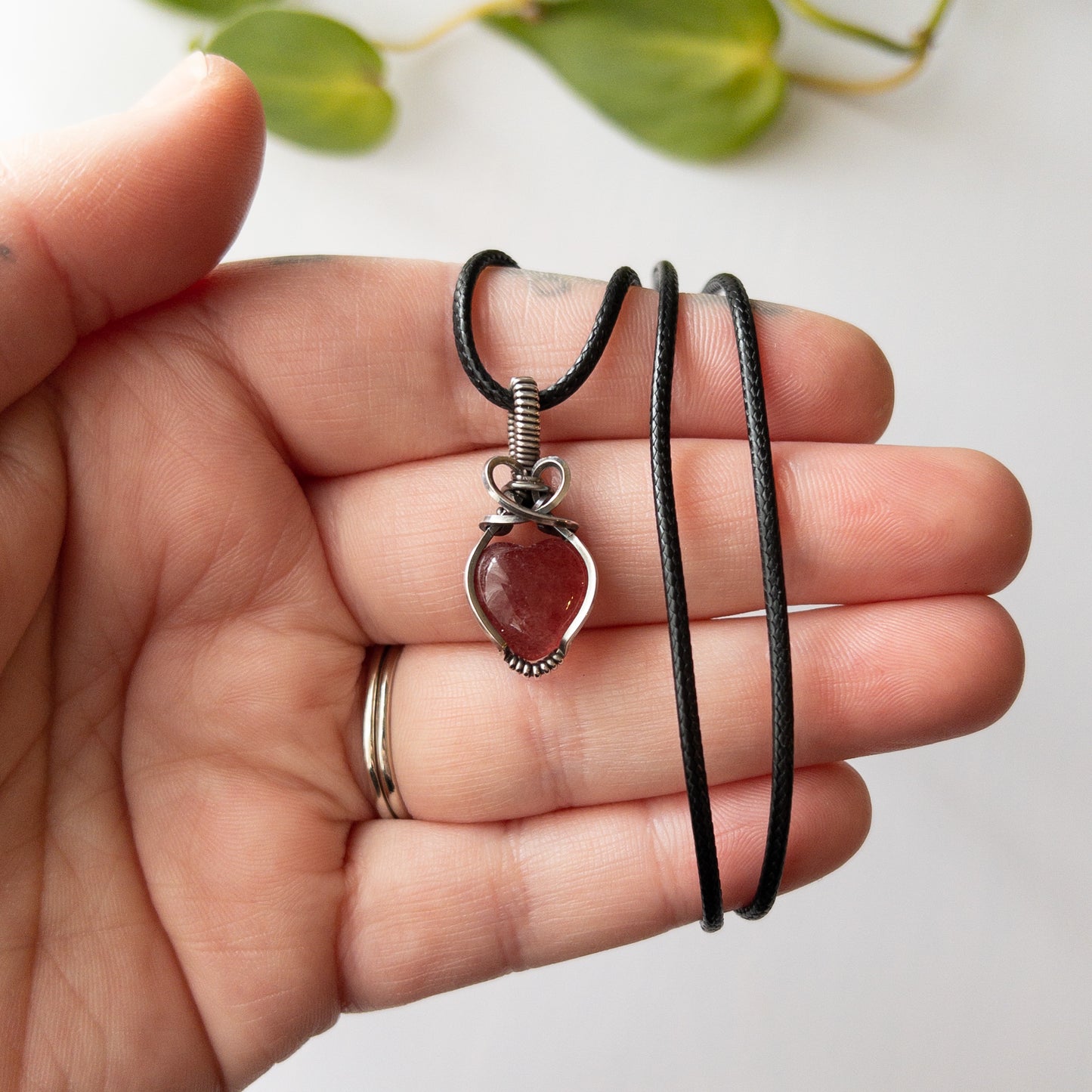 Strawberry Quartz Heart Sterling Silver Wrapped Pendant