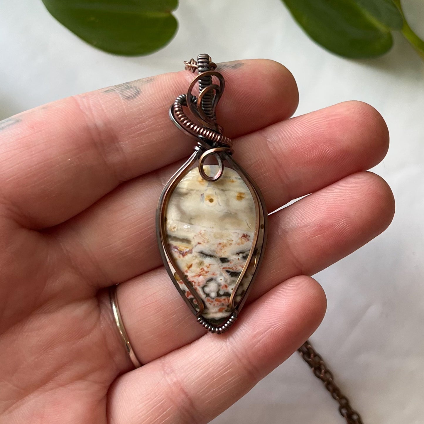 Ocean Jasper Antiqued Copper Wrapped Pendant With Chain
