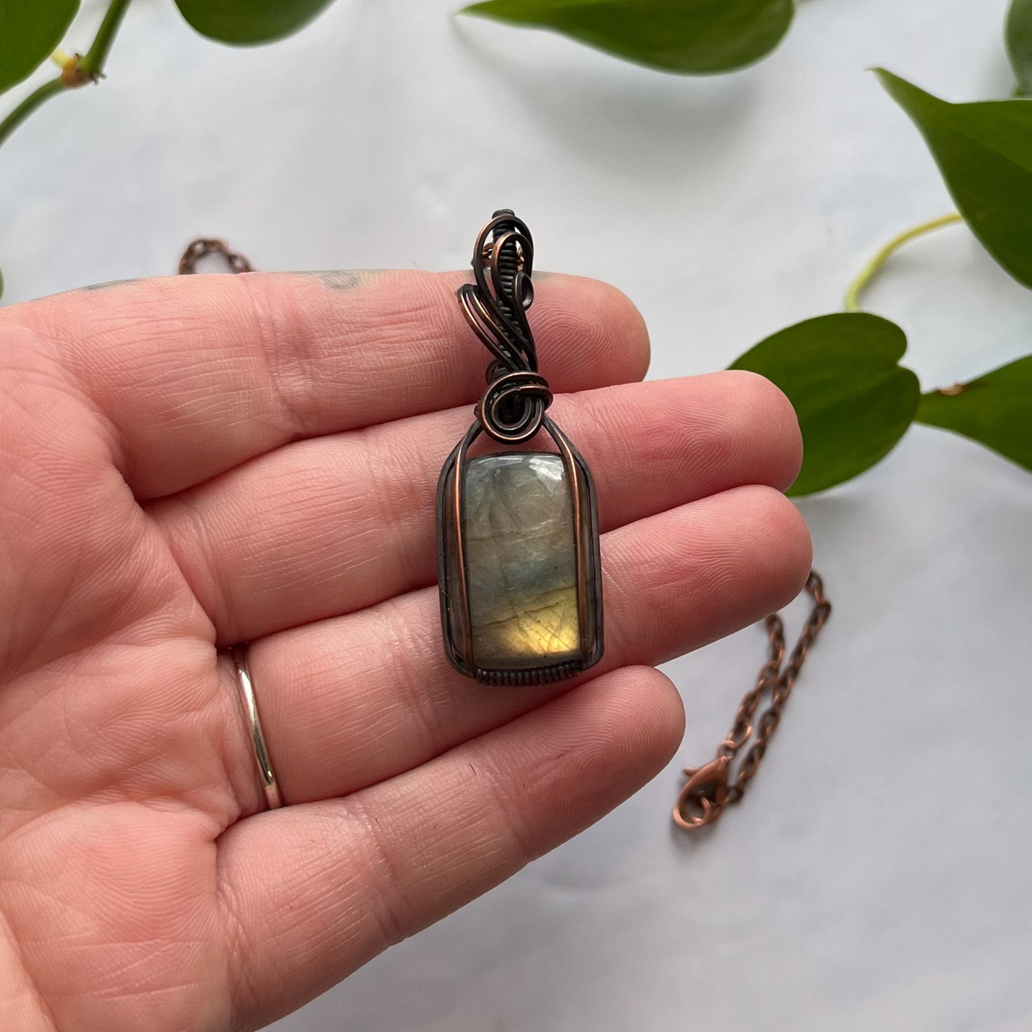Rectangular Labradorite & Antiqued Copper Wrapped Pendant