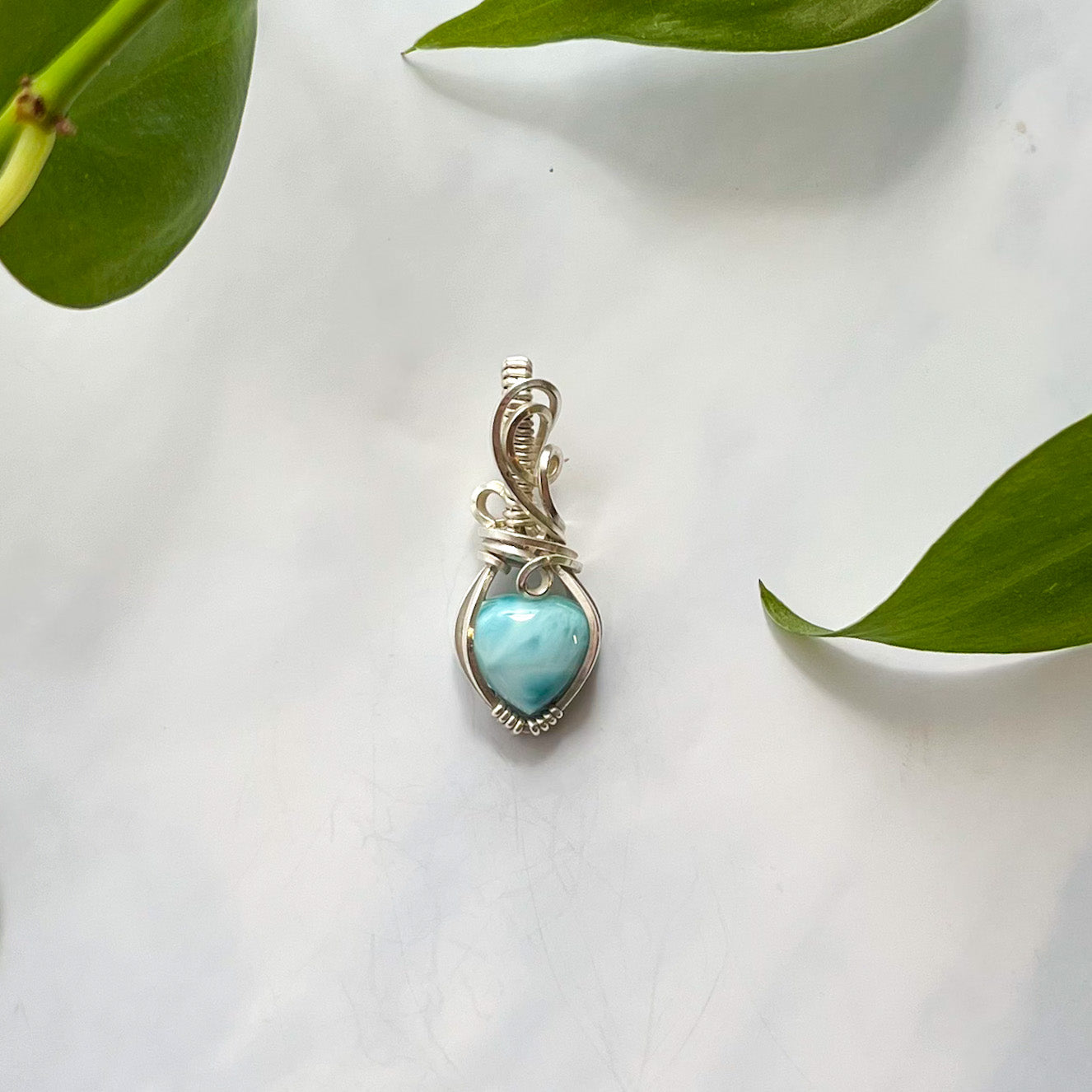 Dainty Larimar Heart & Sterling Silver Wrapped Pendant