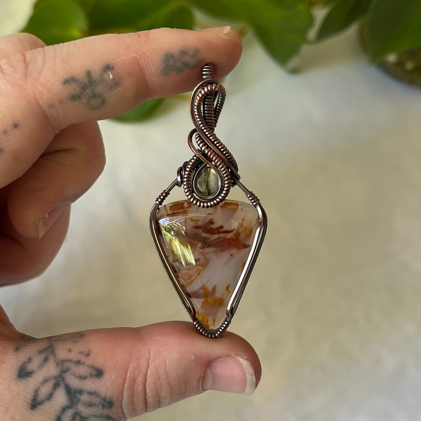 Plume Agate & Labradorite Wrapped Antiqued Copper Pendant