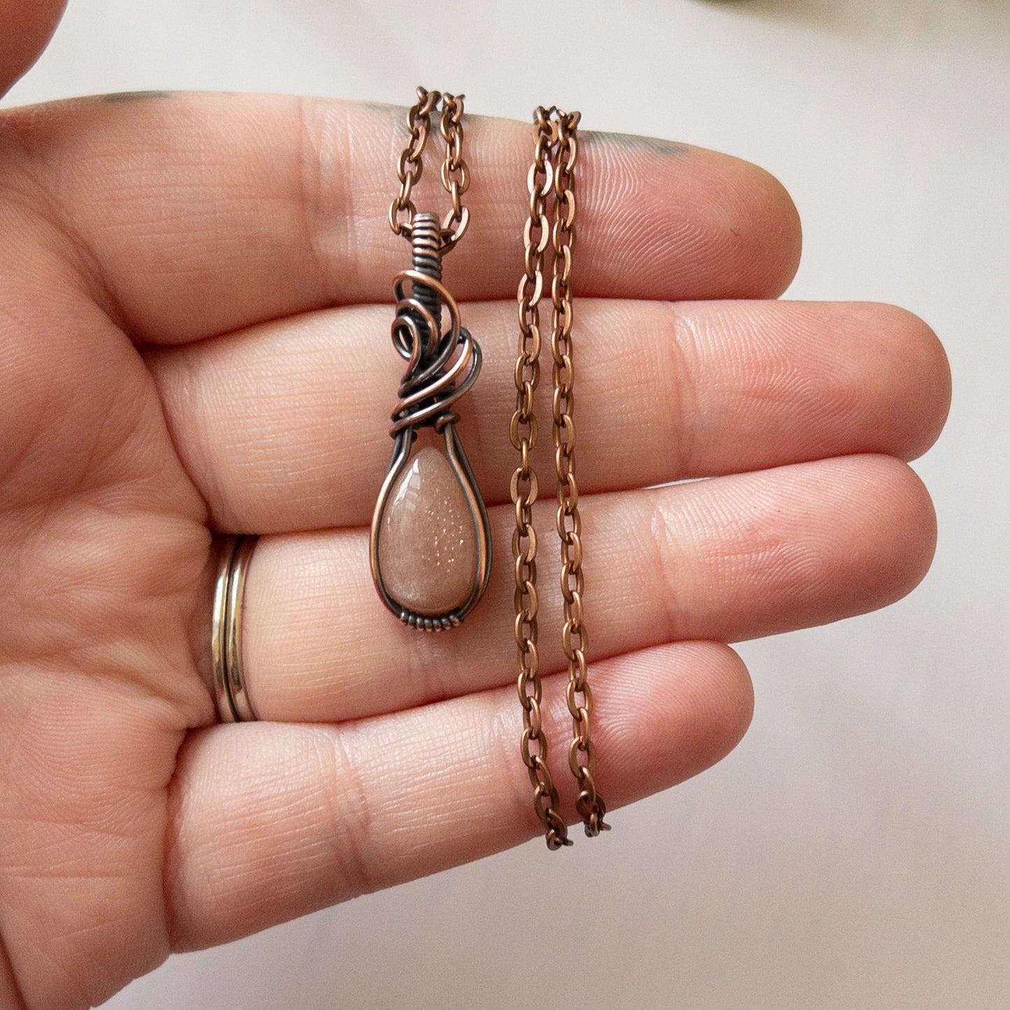 Dainty Sunstone Antiqued Copper Pendant