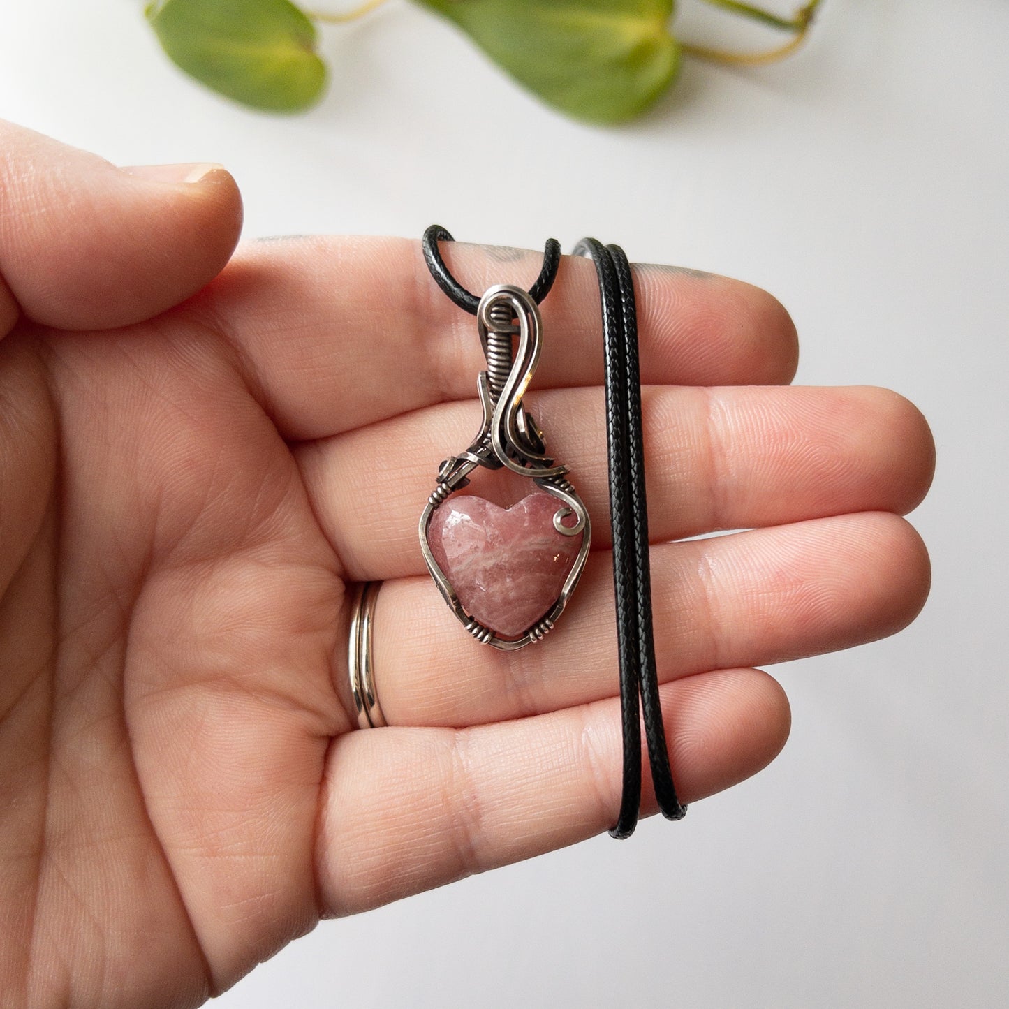 Rhodochrosite Heart Sterling Silver Wrapped Pendant