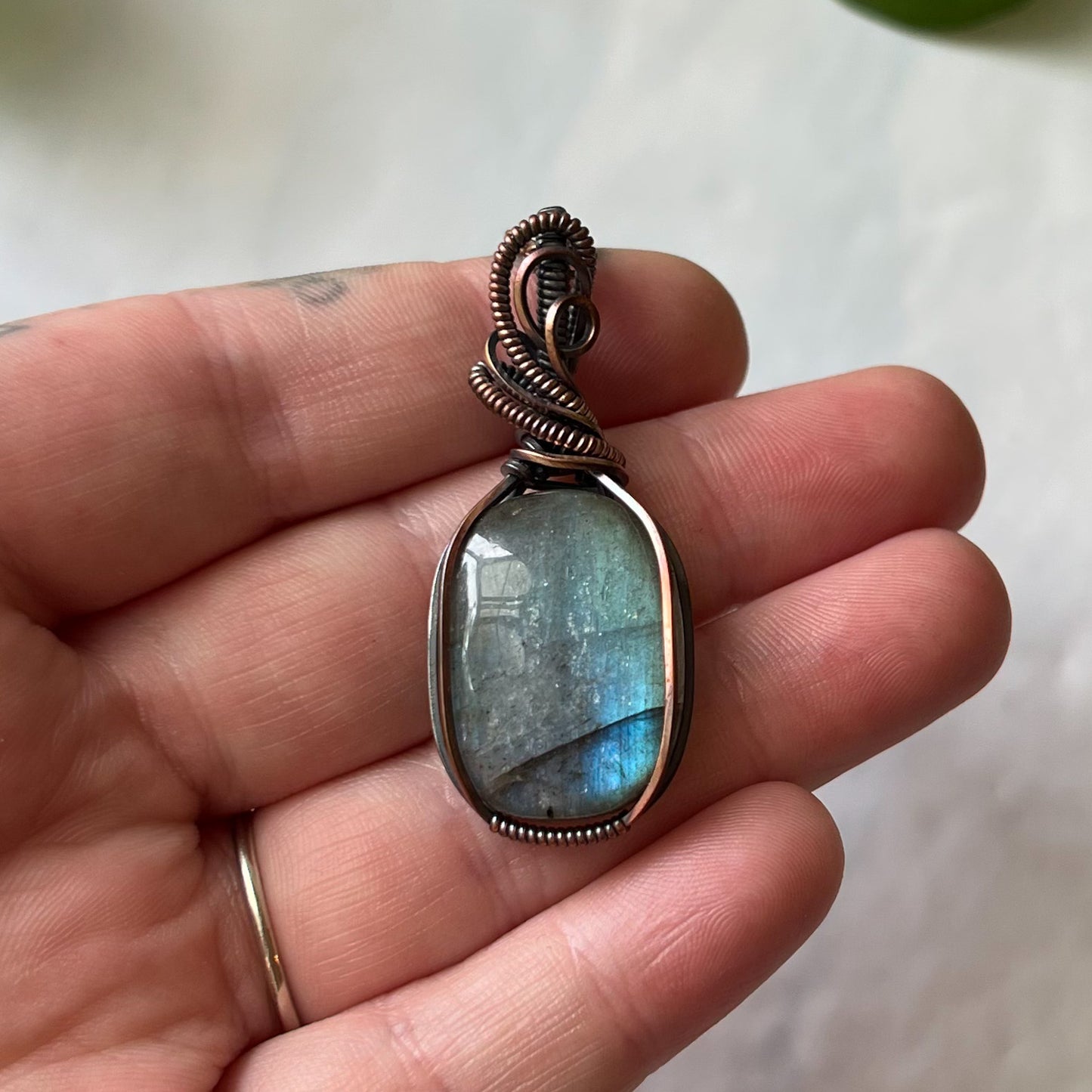 Labradorite Antiqued Copper Wrapped Pendant With Chain