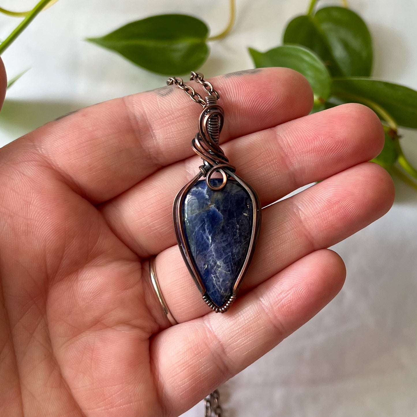 Sodalite Antiqued Copper Wrapped Pendant With Chain