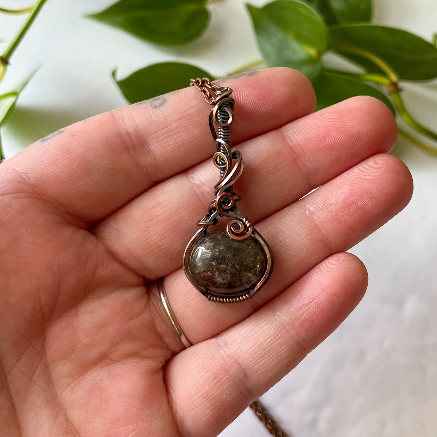 Garden Quartz Antiqued Copper Wrapped Pendant With Chain