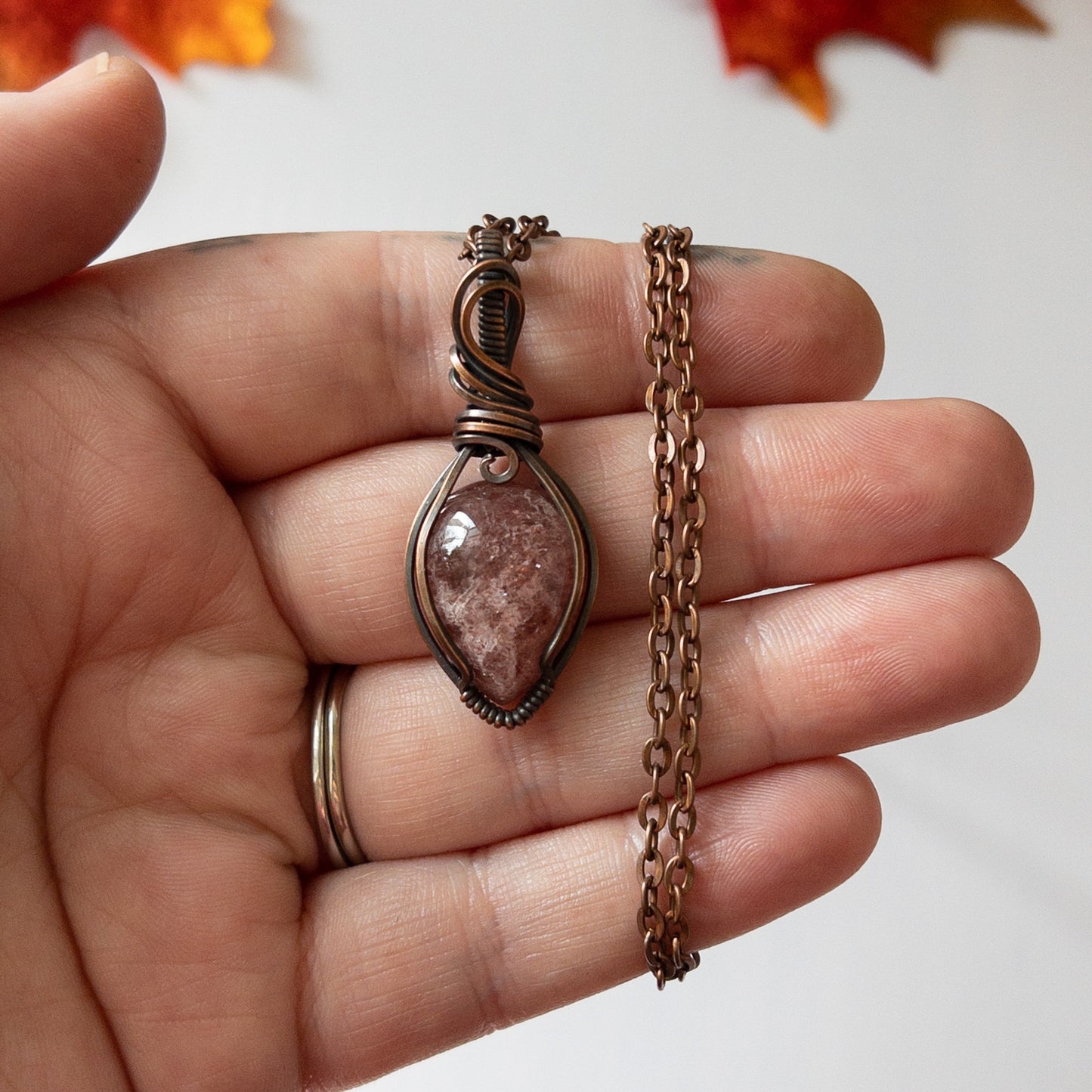 Strawberry Quartz Antiqued Copper Pendant