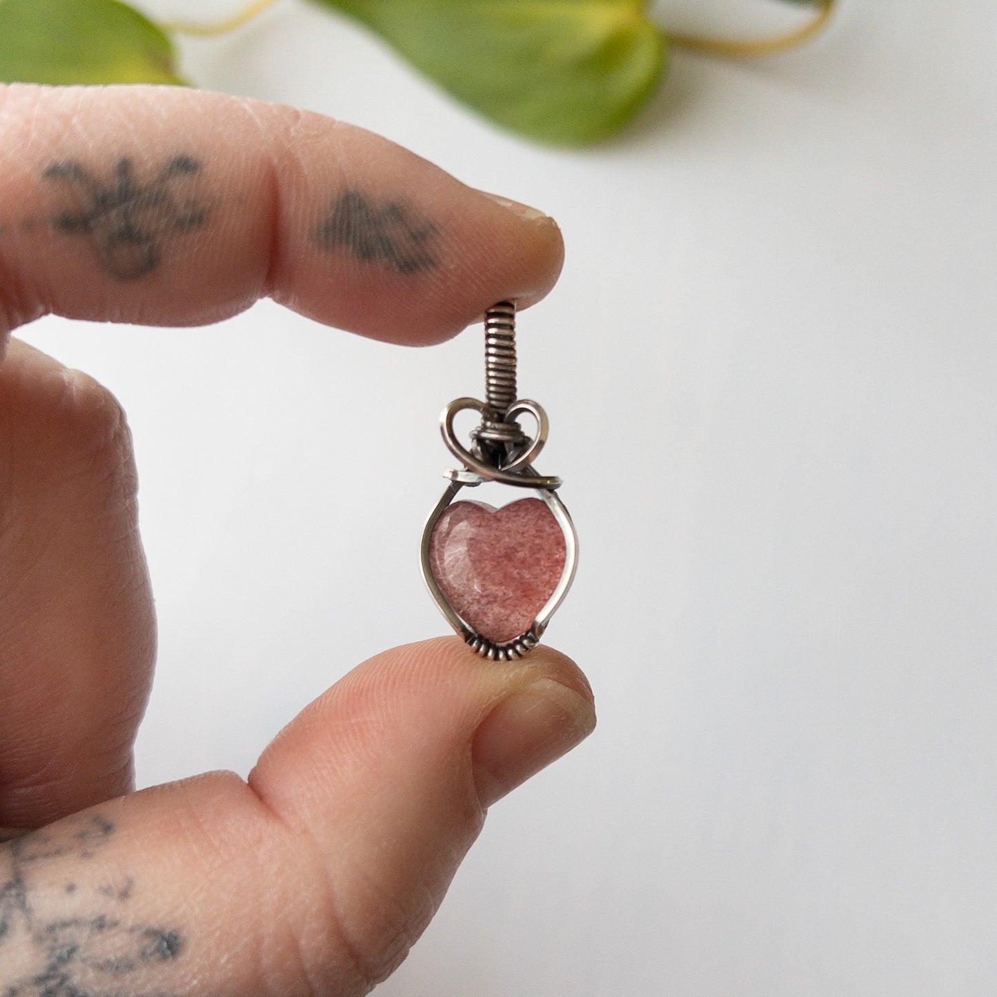 Strawberry Quartz Heart Sterling Silver Wrapped Pendant