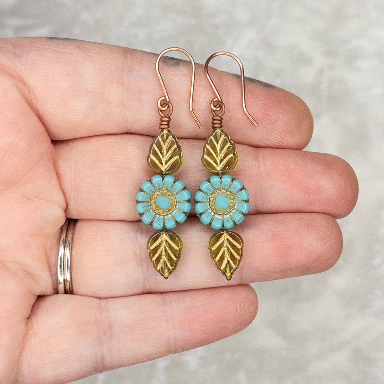 Czech Glass Flower & Leaf Copper Earrings