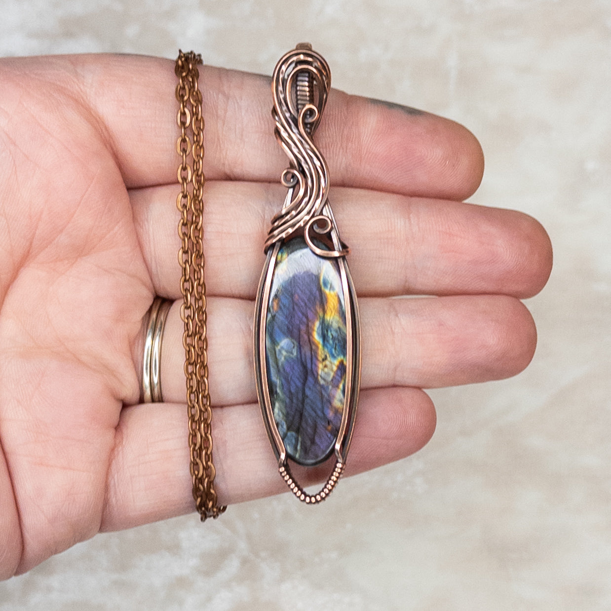 Purple Rainbow Labradorite Antiqued Copper Pendant