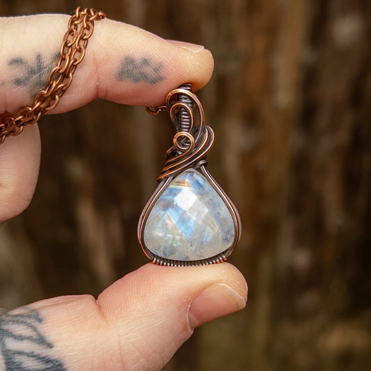 Rose Cut Rainbow Moonstone Copper Wrapped Pendant