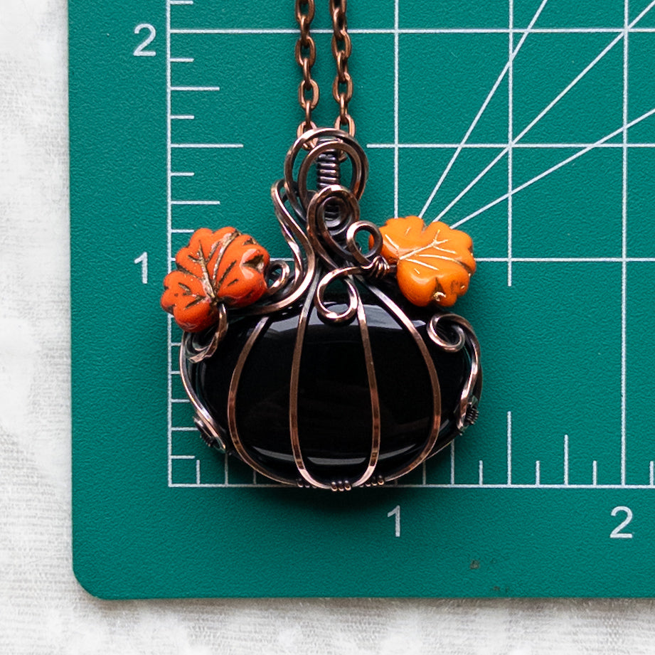Black Onyx Antiqued Copper Pumpkin Pendant With Czech Glass Leaves