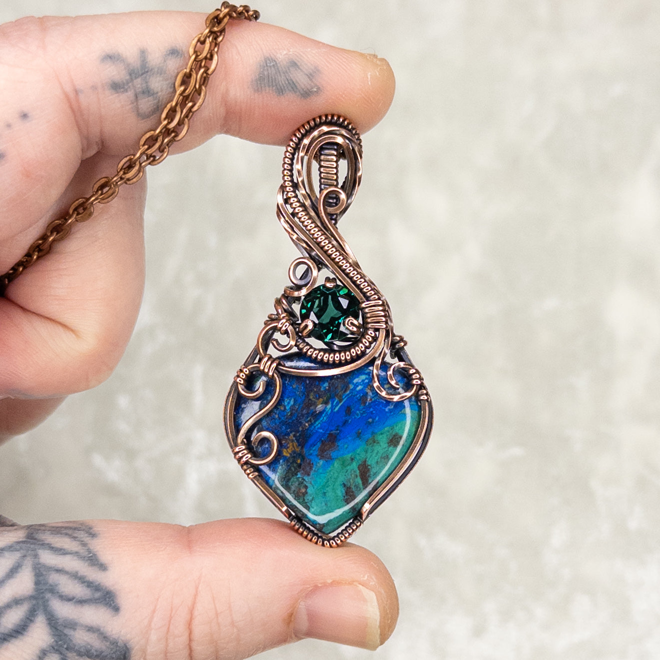 Moroccan Azurite with Malachite & Simulated Emerald Antiqued Copper Pendant