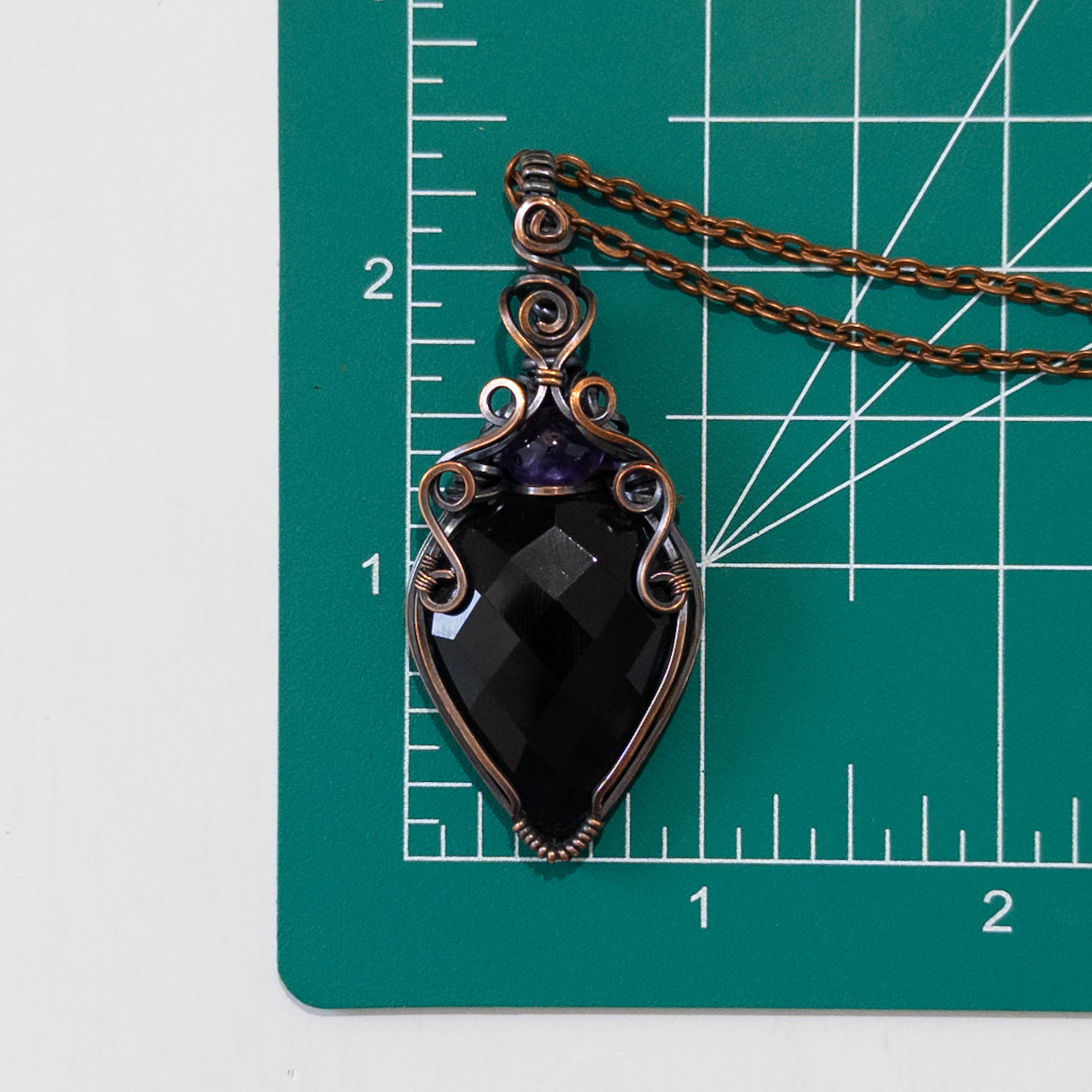 Faceted Obsidian & Amethyst Copper Wrapped Pendant