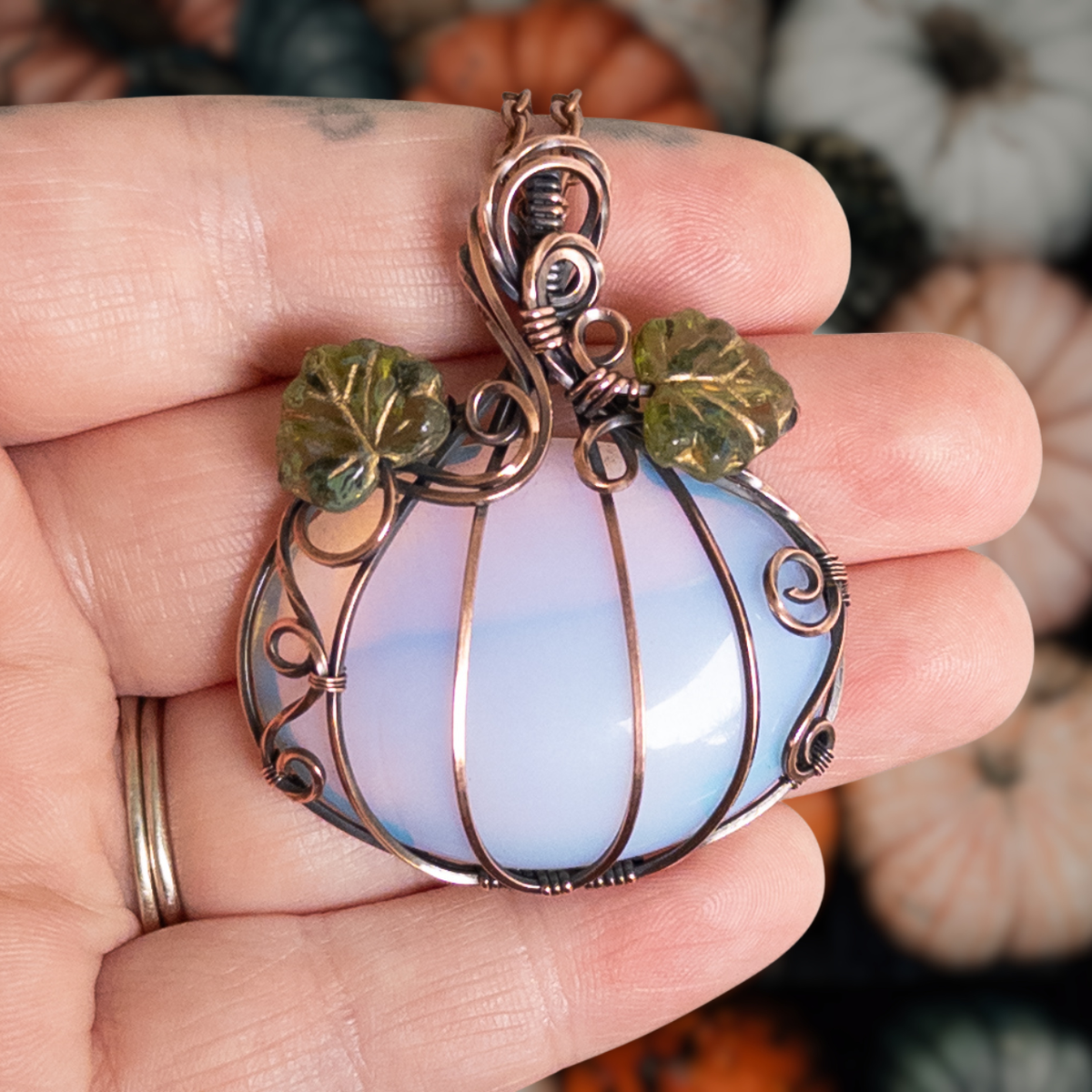Opalite Glass Antiqued Copper Pumpkin Pendant With Czech Glass Leaves