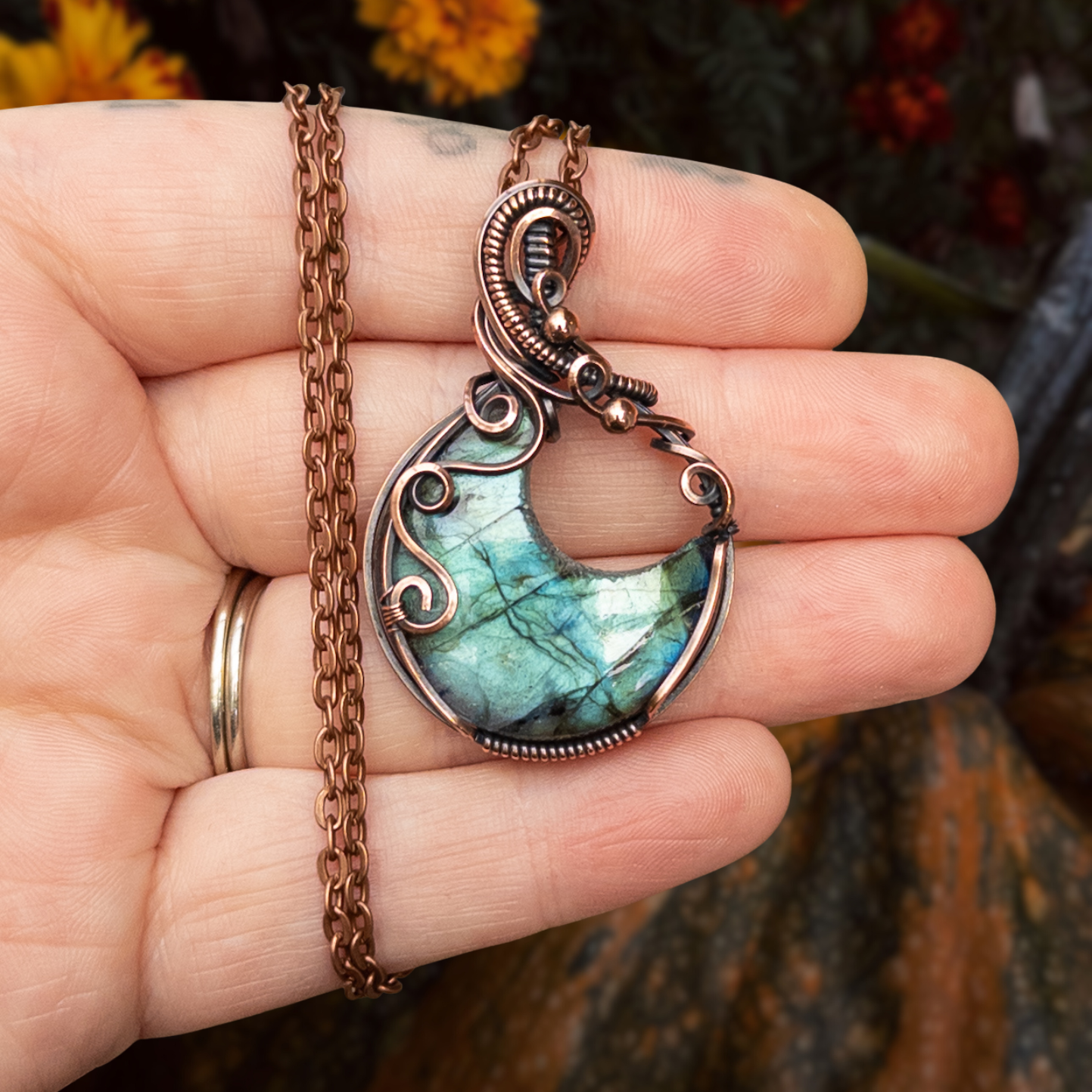 Teal Labradorite Moon Antiqued Copper Pendant