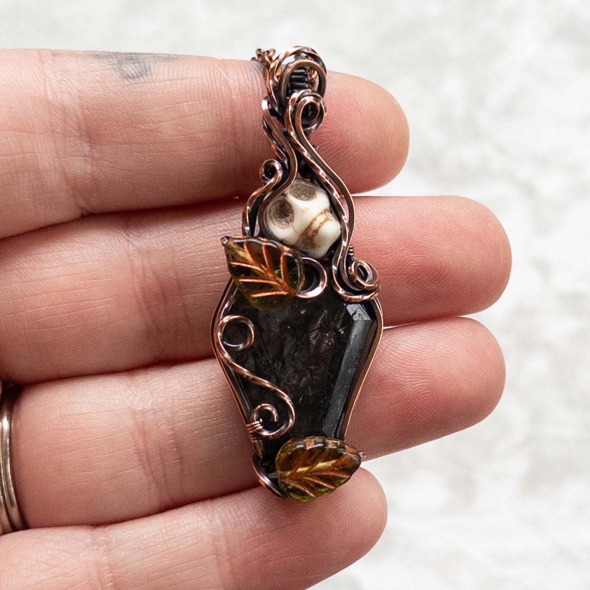 Tourmalinated Quartz Coffin & Skull Antiqued Copper Pendant With Czech Glass Leaves