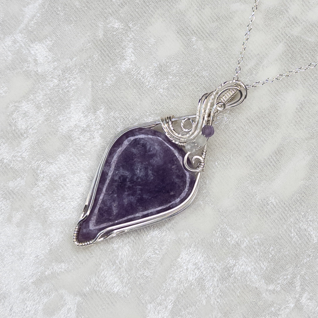 Lepidolite .925 Sterling Silver Pendant With Faceted Amethyst, Moonstone, & Quartz Beads