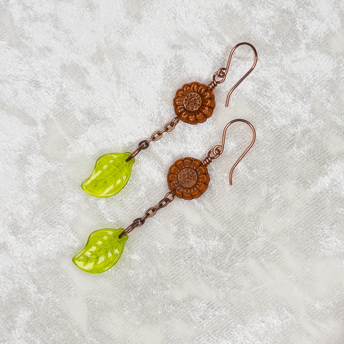 Czech Glass Sunflower & Glass Leaf Copper Earrings