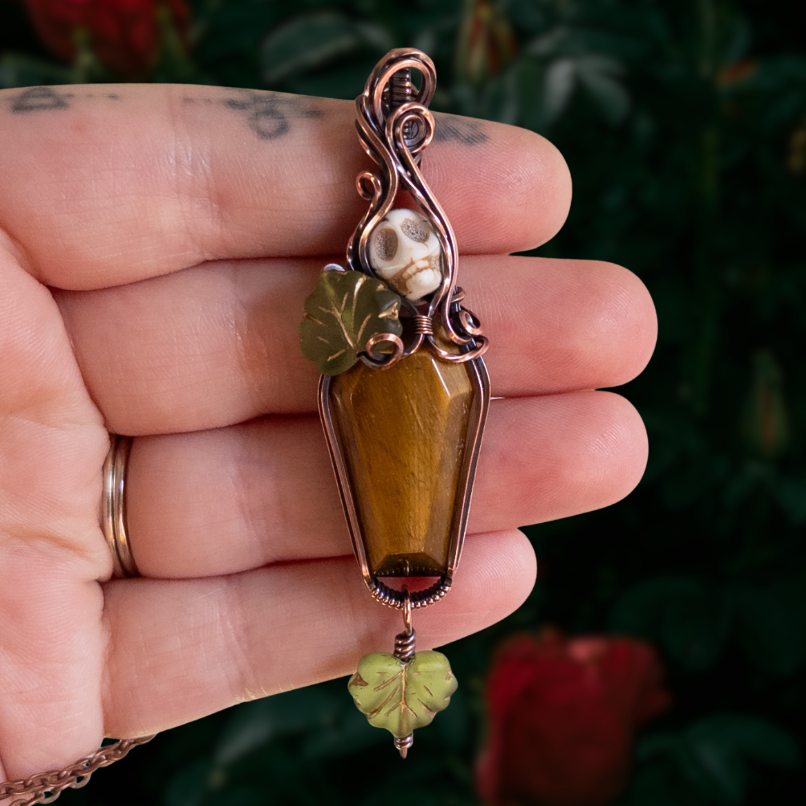 Tiger’s Eye Coffin & Skull Antiqued Copper Pendant With Czech Glass Leaves