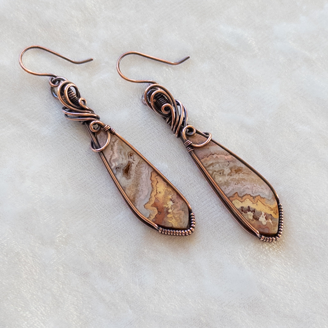 Crazy Lace Agate Antiqued Copper Earrings