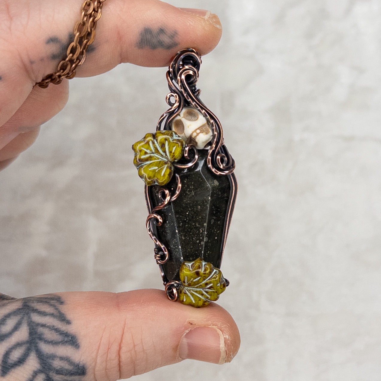 African Bloodstone With Pyrite  Coffin & Skull Antiqued Copper Pendant with Czech Glass Leaves