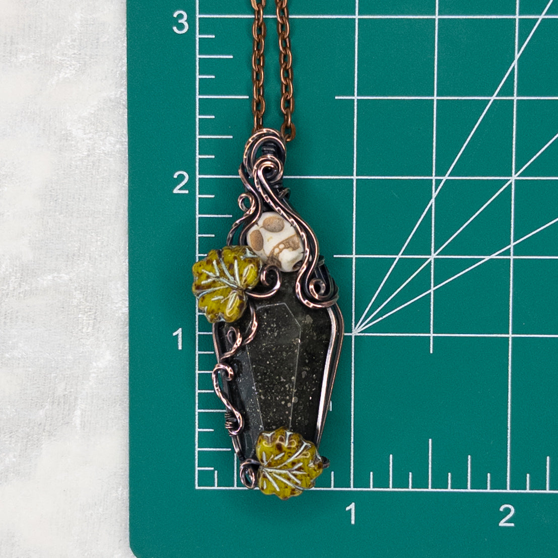 African Bloodstone With Pyrite  Coffin & Skull Antiqued Copper Pendant with Czech Glass Leaves