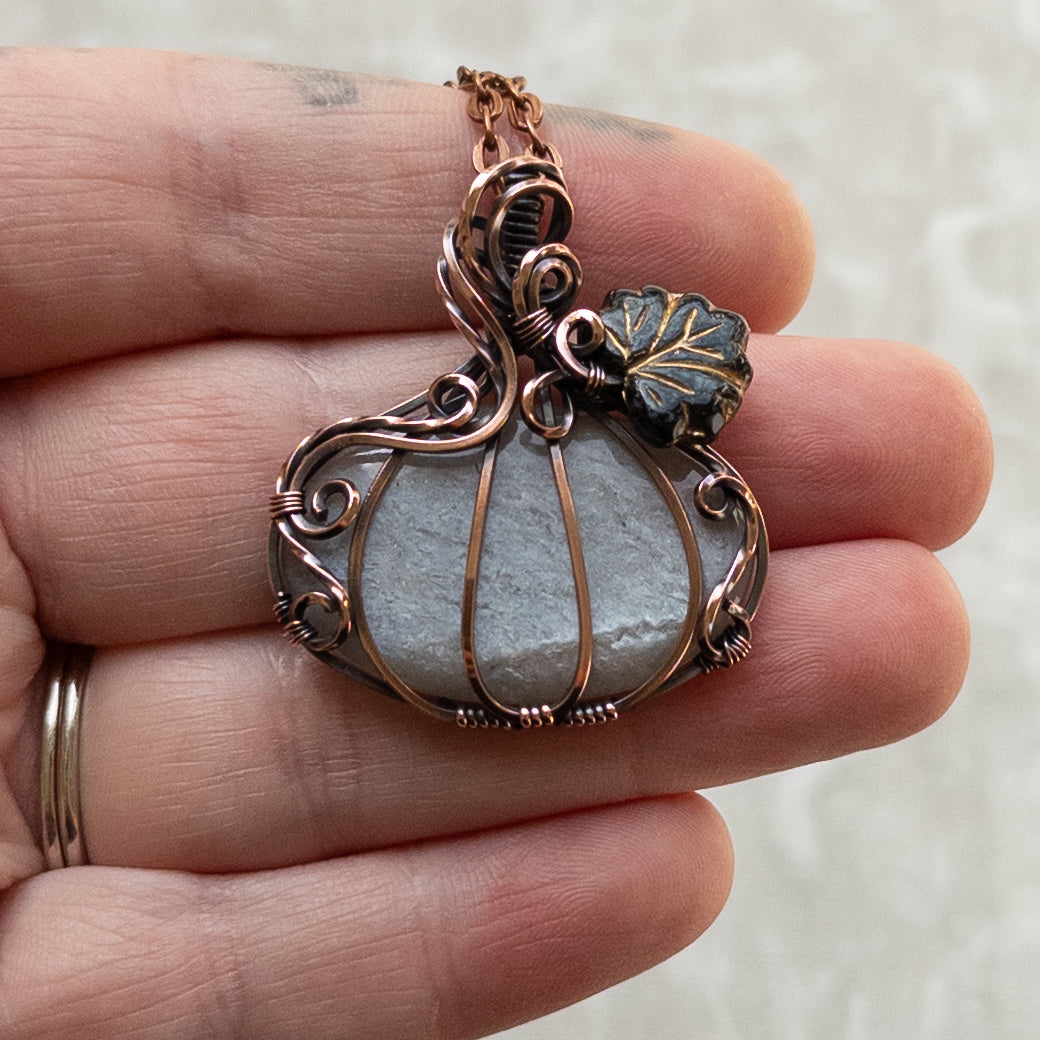 Grey Moonstone Antiqued Copper Pumpkin Pendant With Czech Glass Leaf