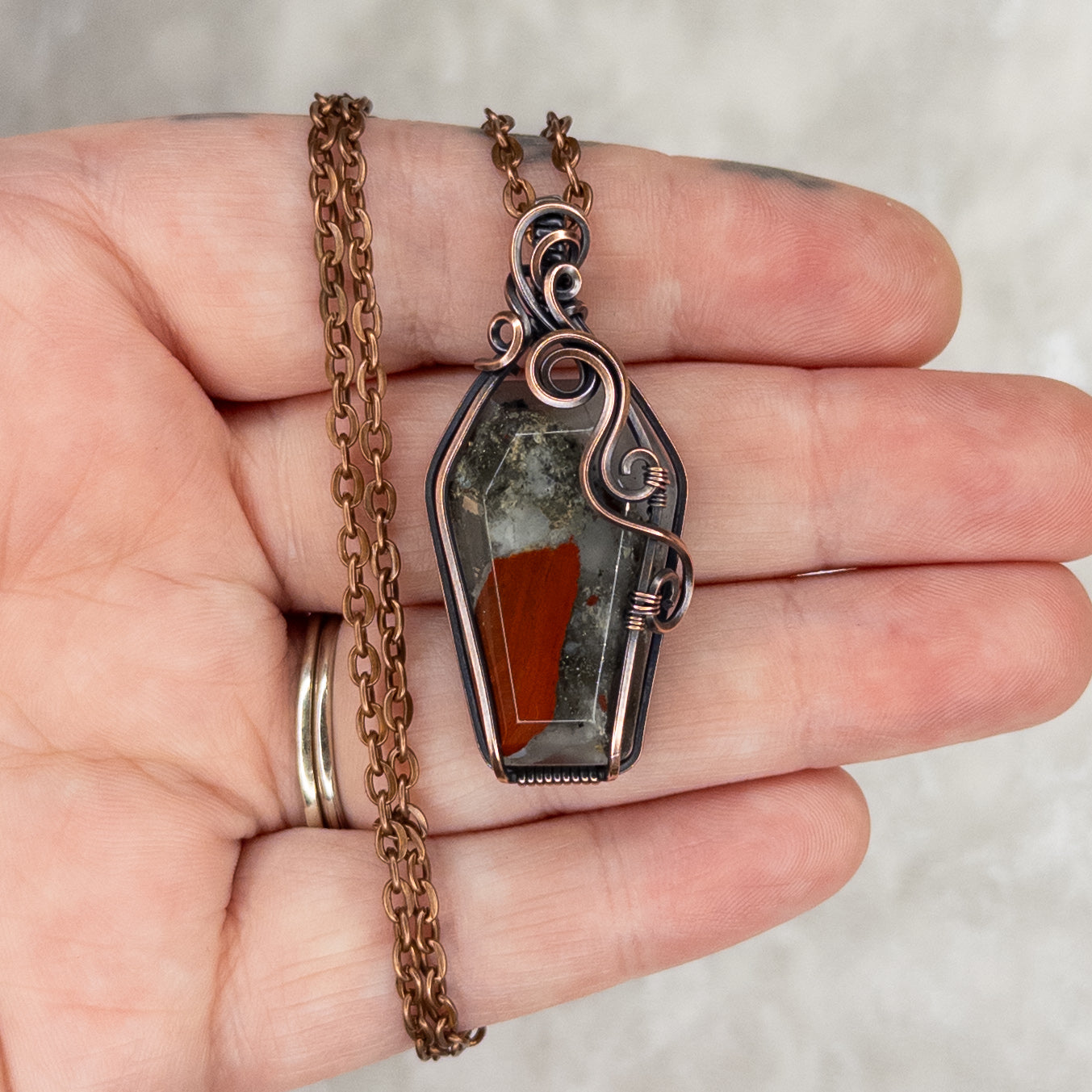 African Bloodstone Antiqued Copper Coffin Pendant