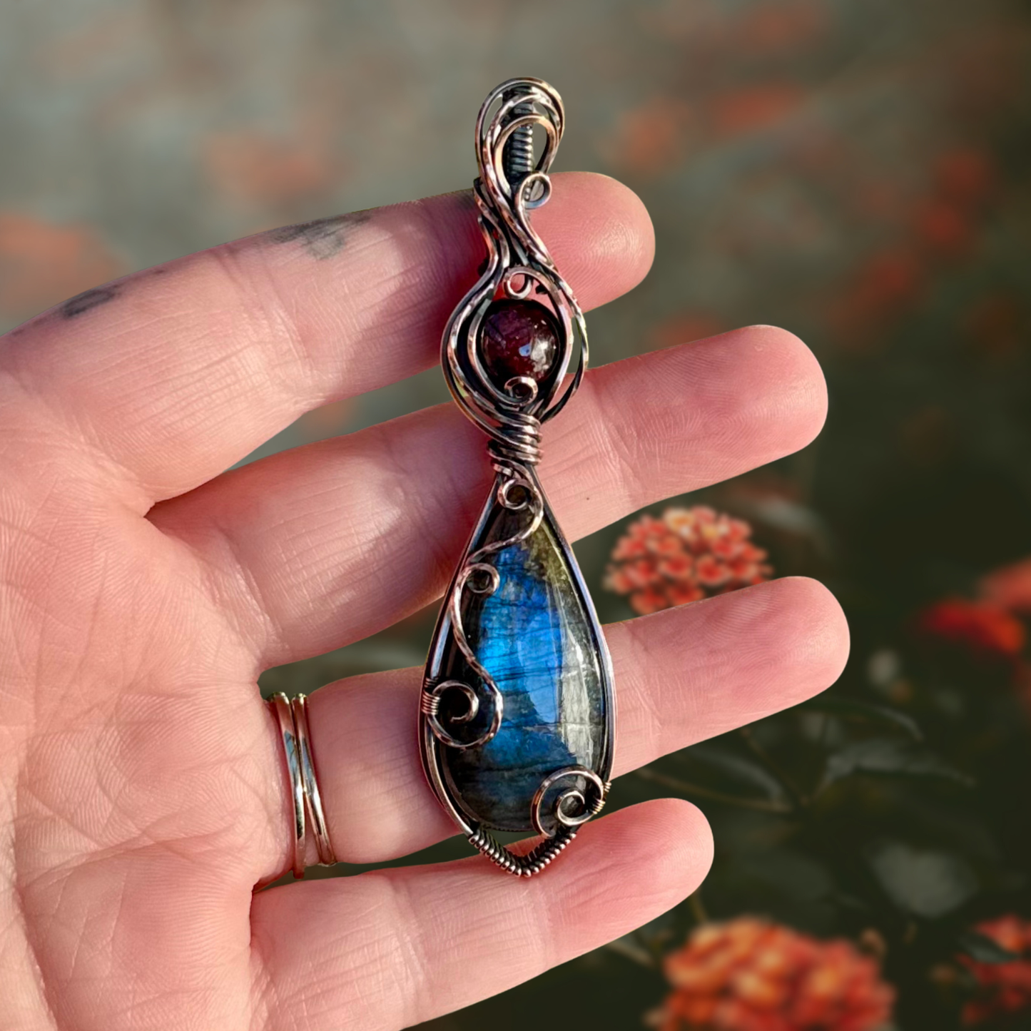 Blue Labradorite & Garnet Antiqued Copper Pendant
