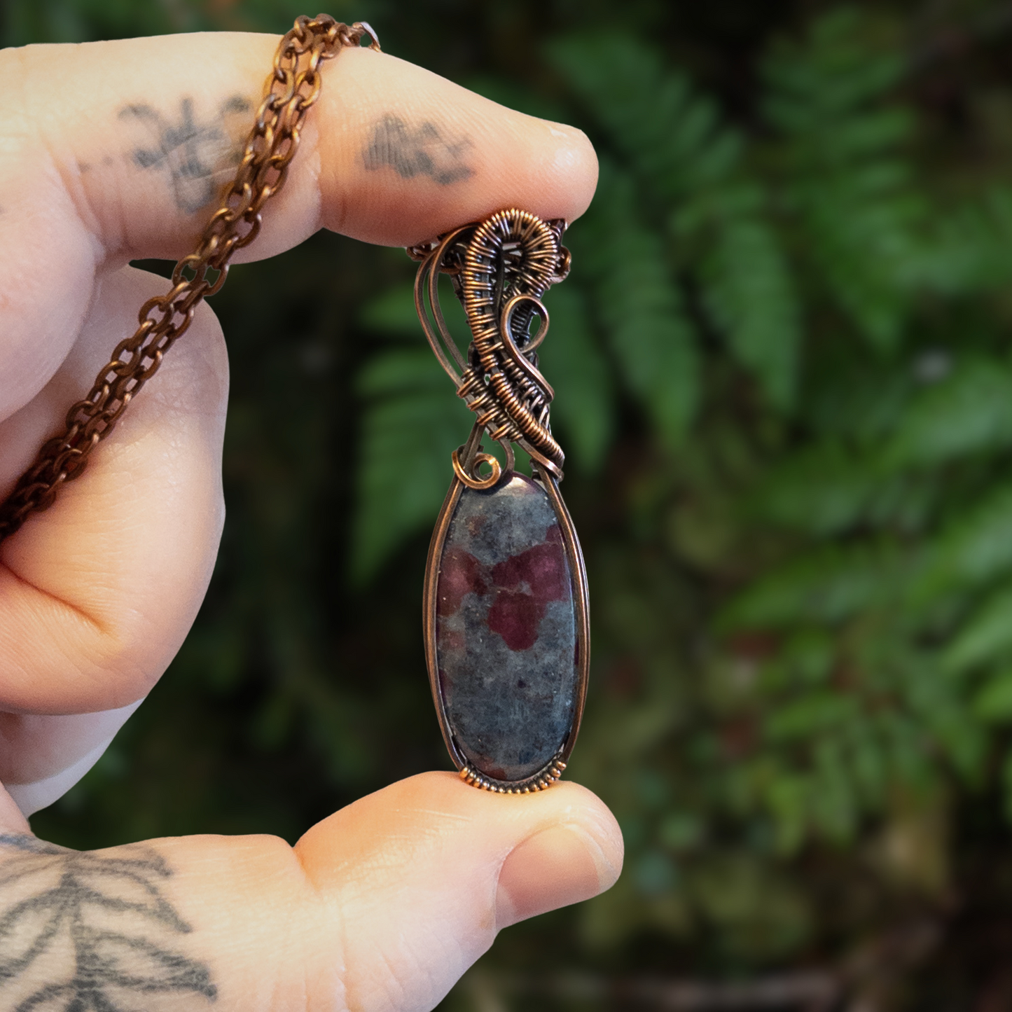 Ruby in Kyanite Copper Wrapped & Woven Pendant