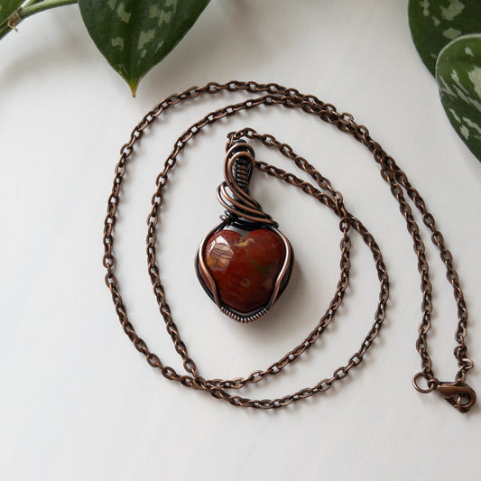 Red Ocean Jasper Heart & Copper Wrapped Pendant