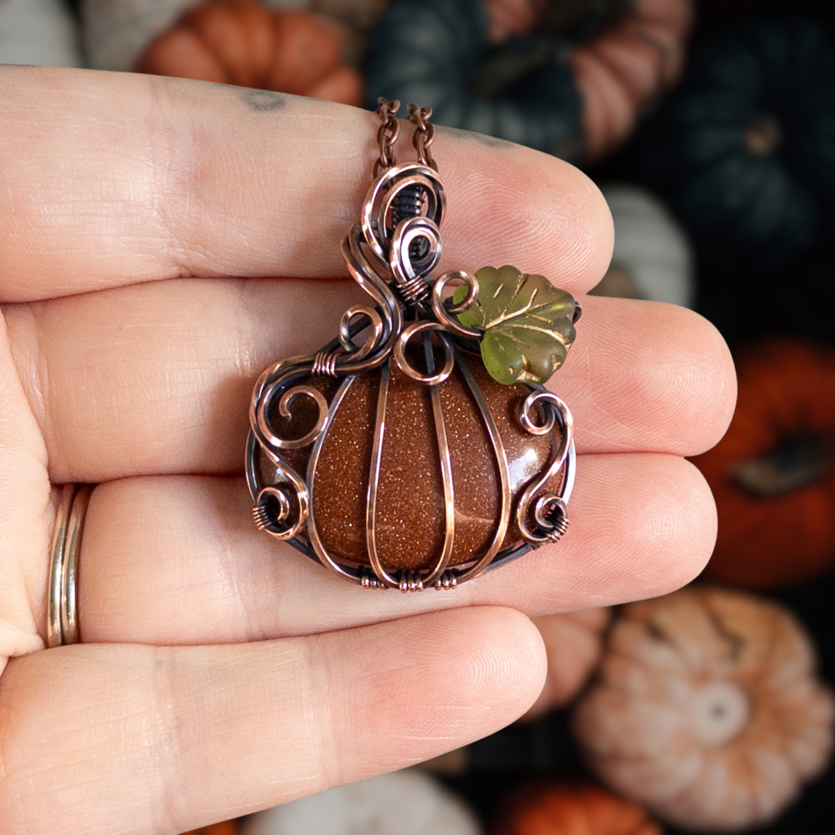 Orange Goldstone Pumpkin Pendant With Czech Glass Leaf - Antiqued Copper