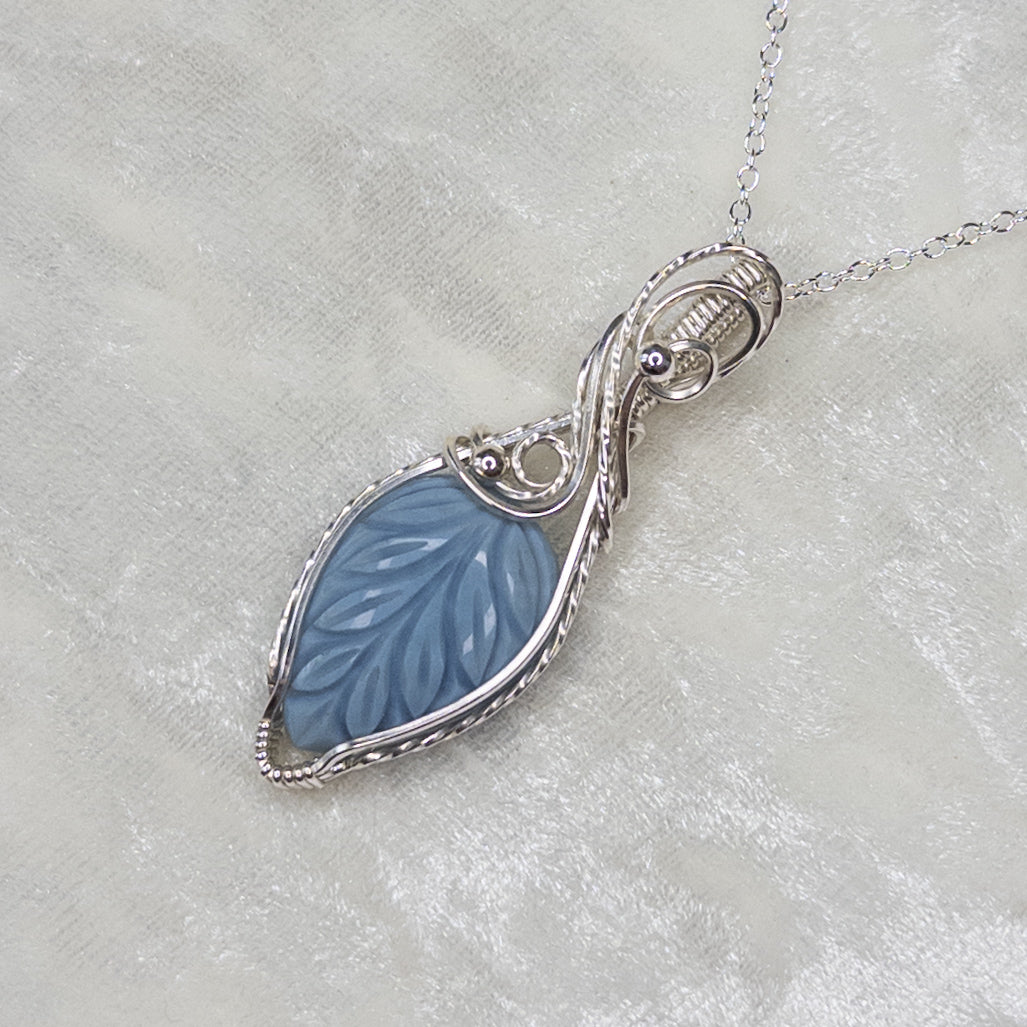 Blue Opal Carved Leaf Sterling Silver Pendant