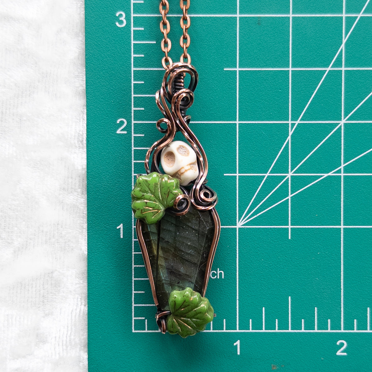 Labradorite Coffin & Skull Antiqued Copper Pendant With Czech Glass Leaves